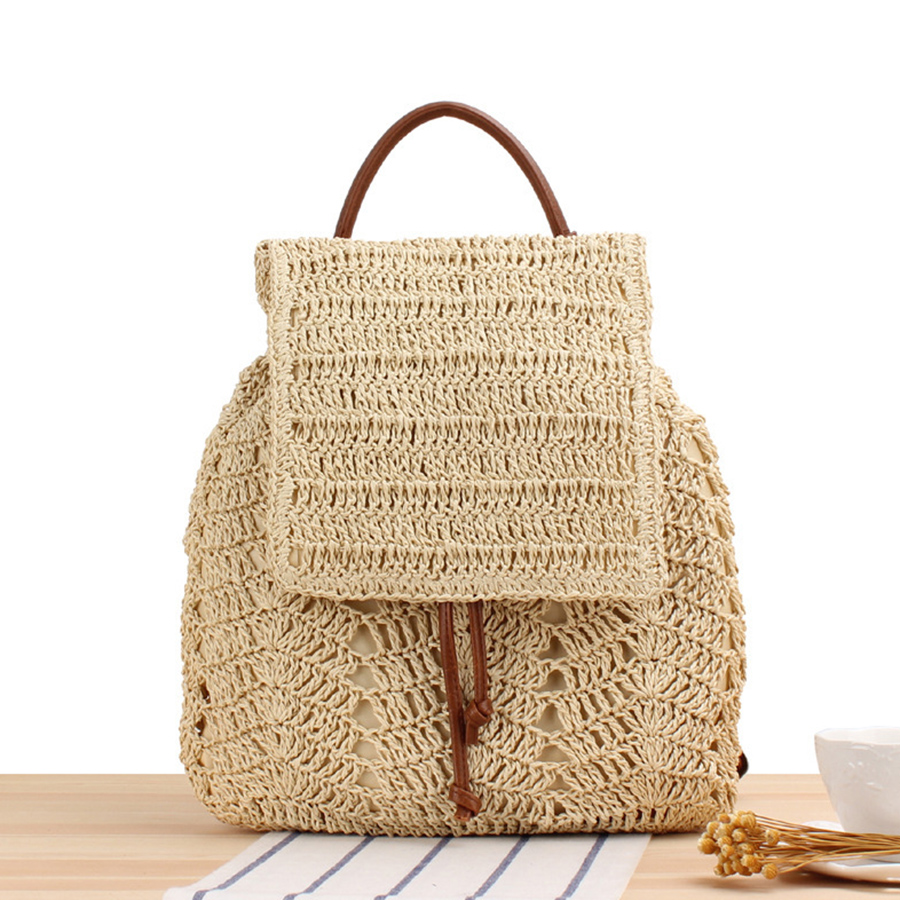 Hand-Woven Straw Beach Backpack and Shoulder Purse for Women