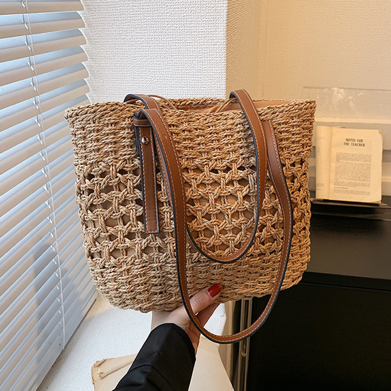 Woven straw tote bag for women, large beach bag, and summer straw handbag
