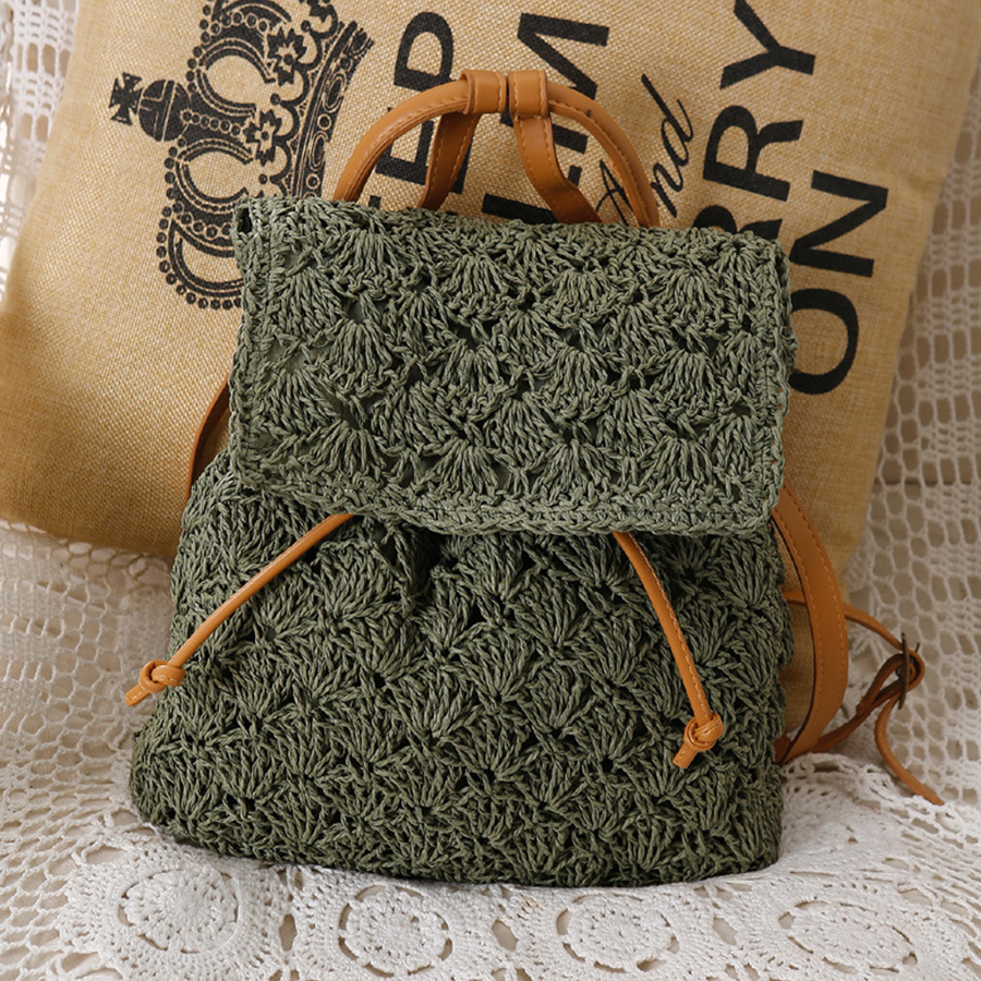 Handmade Summer Straw Drawstring Backpack and Hollow Beach Bag