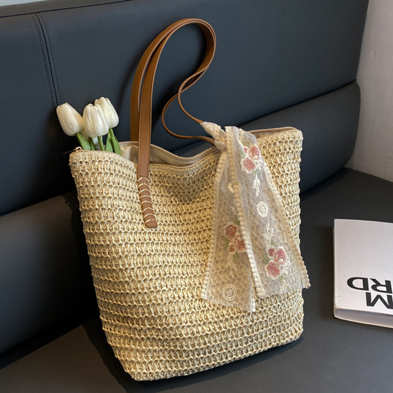 Handmade Woven Straw Tote Bag for Women, Large Capacity Summer Beach Shoulder Bag