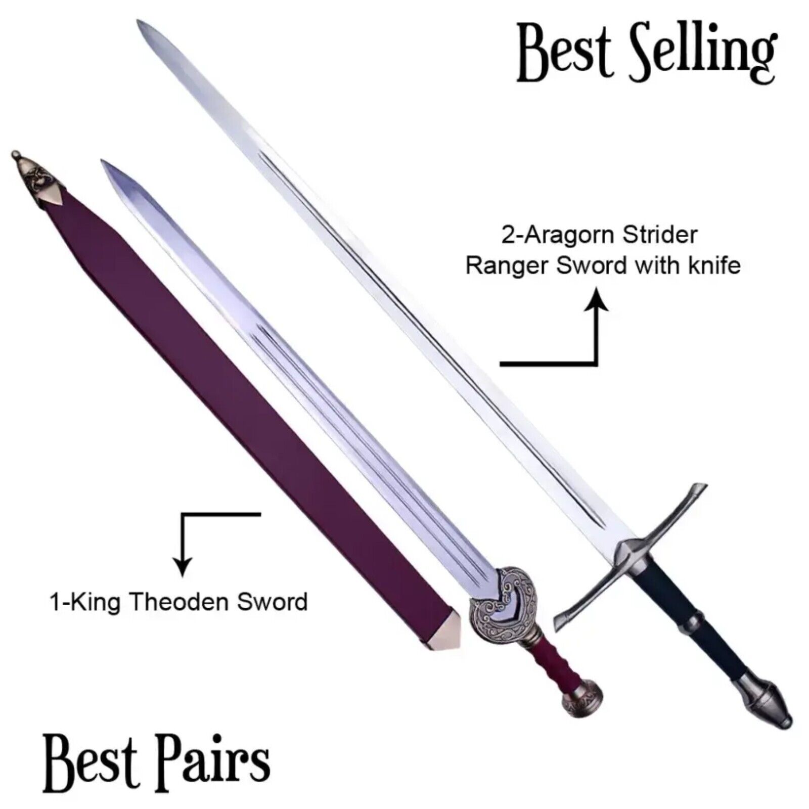 Pair of King Theoden & Aragorn Strider Ranger Swords With Kn | Inspire ...