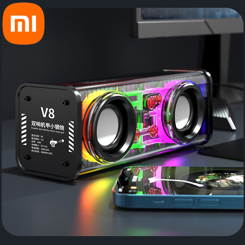 V8 Transparent Mecha Speakers Bluetooth Wireless Double Bass Diaphragm Subwoofer Music TWS RGB Light Loudspeaker