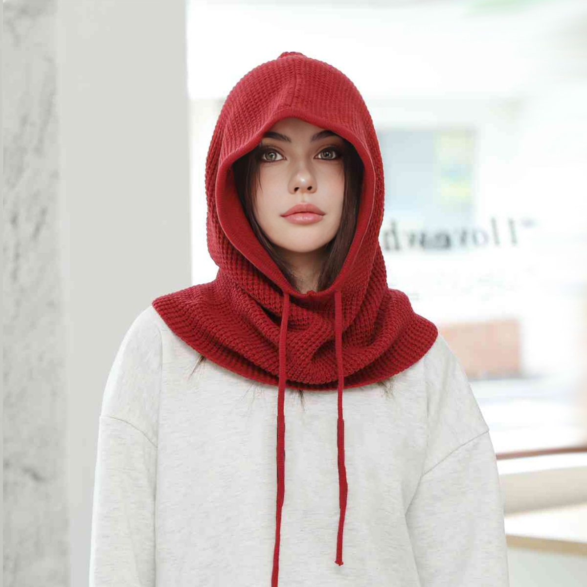 One-Piece Knit Balaclavas, A Women Winter Beanie Hats, Mask Neck Circle Scarf Ski Snow Hat for Outdoor sports