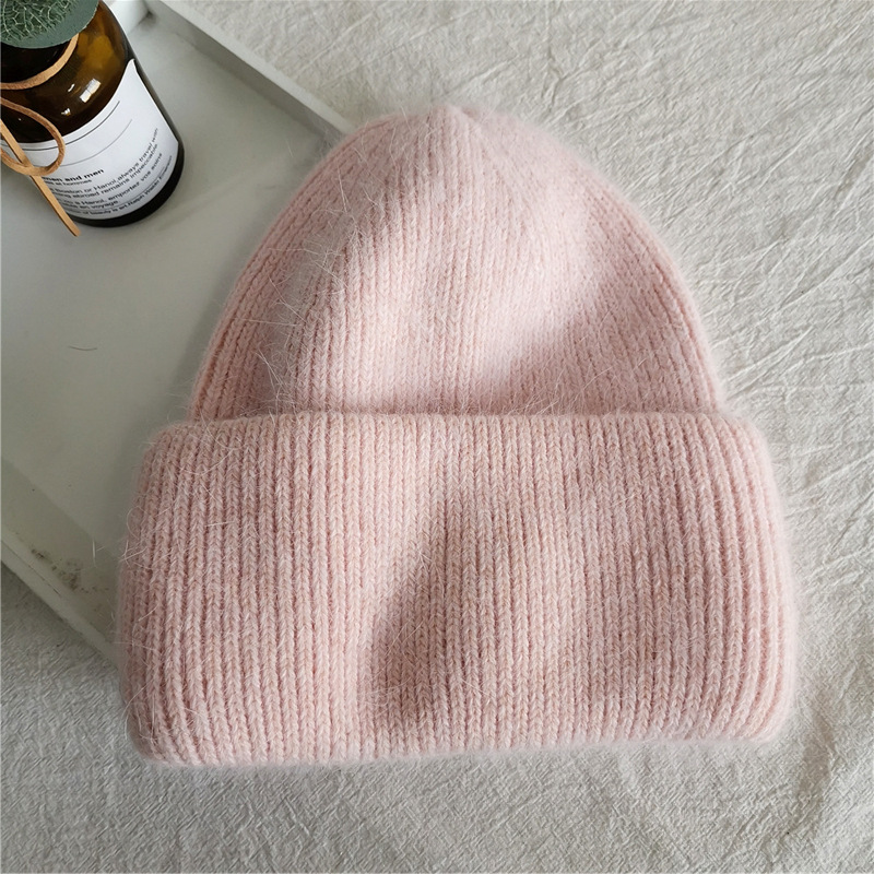 Rabbit Fur Winter Knitted Beanies, Fashion Warm Cashmere, Wool Skullies Angola, Women Cap, Female Three Fold Outdoor Hat