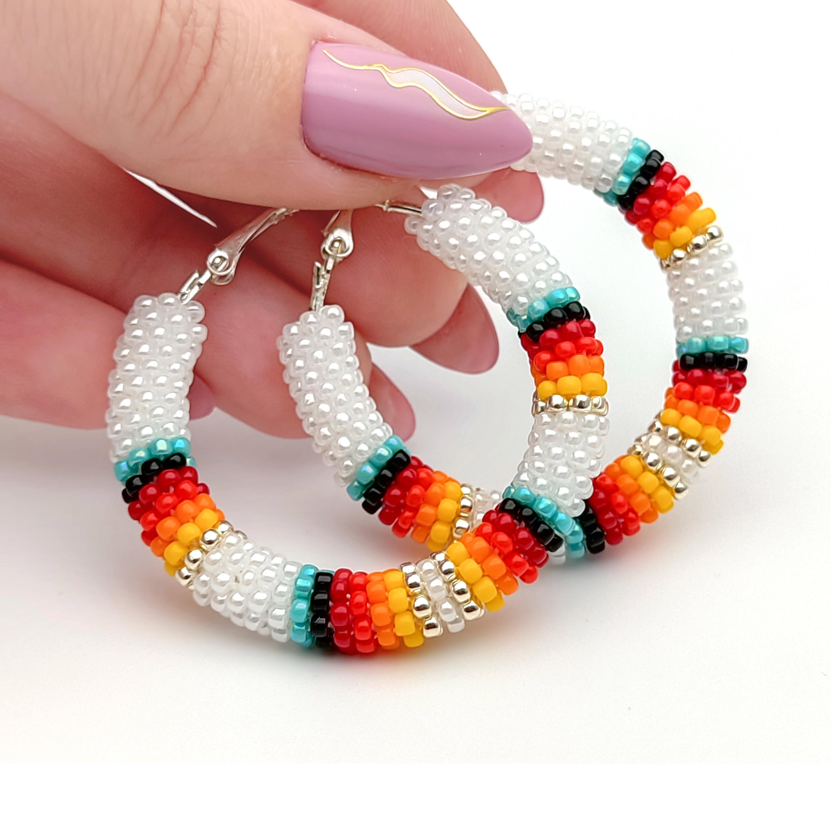 White beaded hoop earrings 1.6, Native american style, Ethnic beadwork jewelry