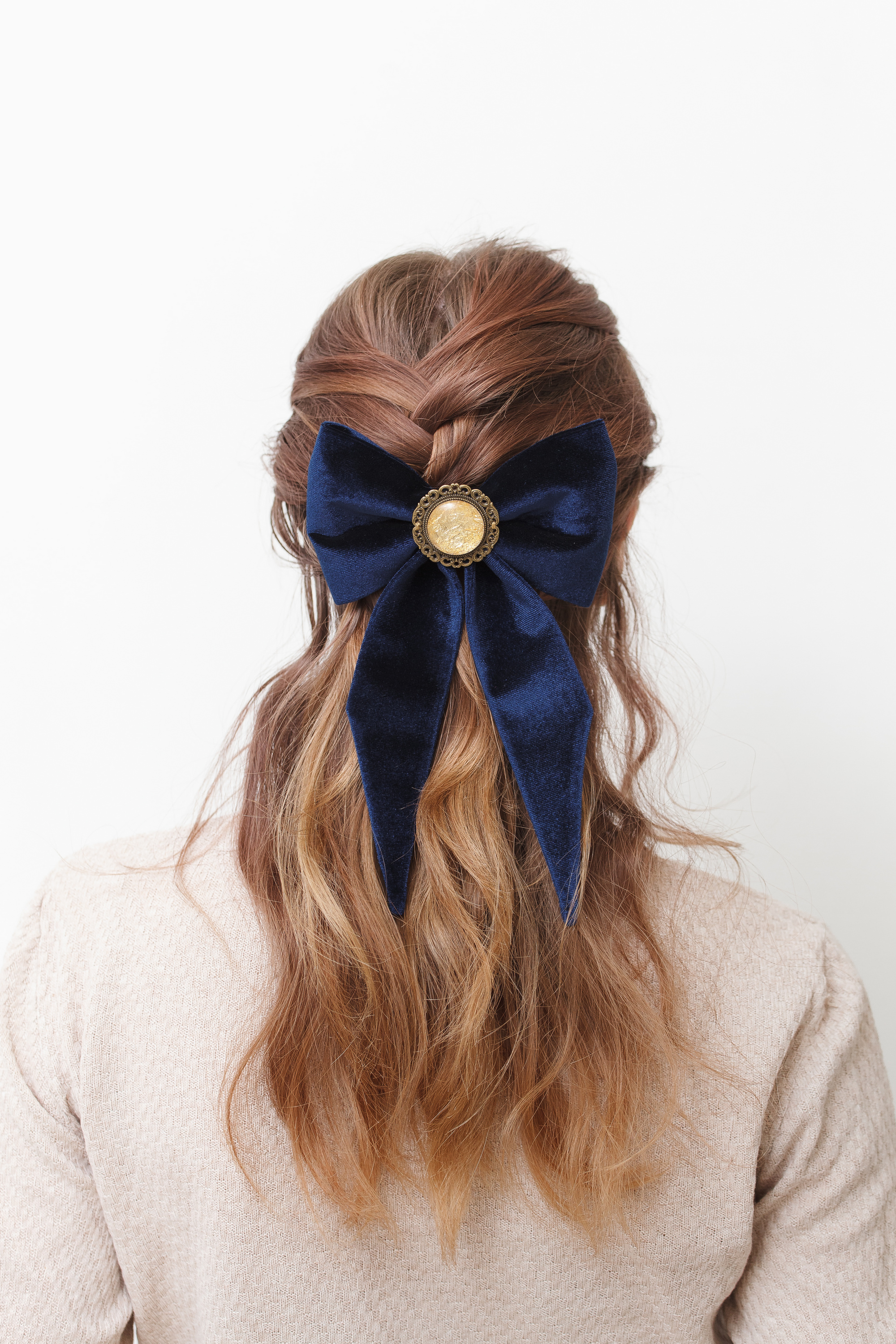 Navy Blue Hair Bow Clip for Women, Big Velvet Bow Barrette for Girl, Vintage Handmade Gift Hair Tie | Lucky Bow