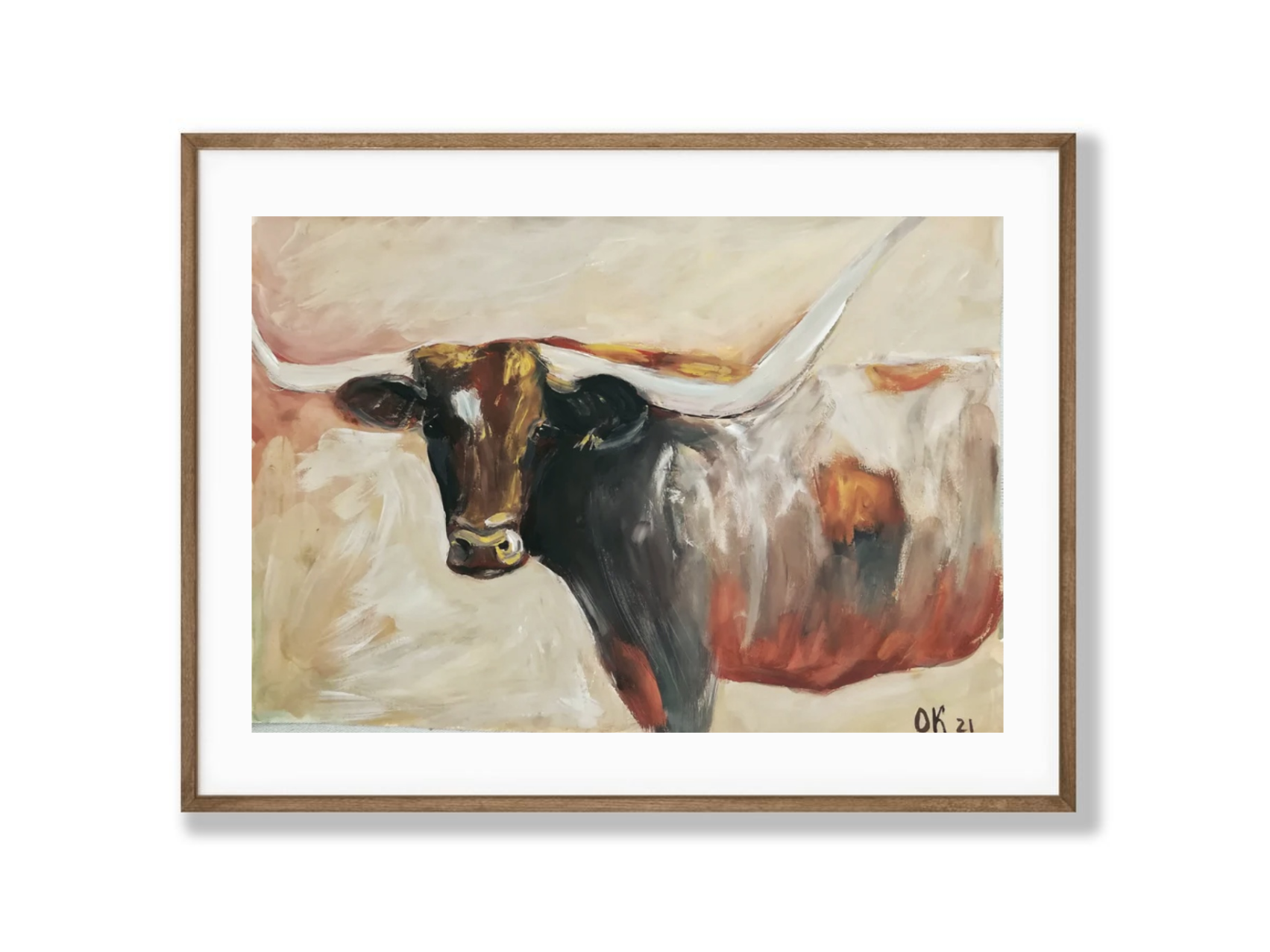 Handmade animal paintings - Texas Longhorn Cattle painting for cottage gift idea