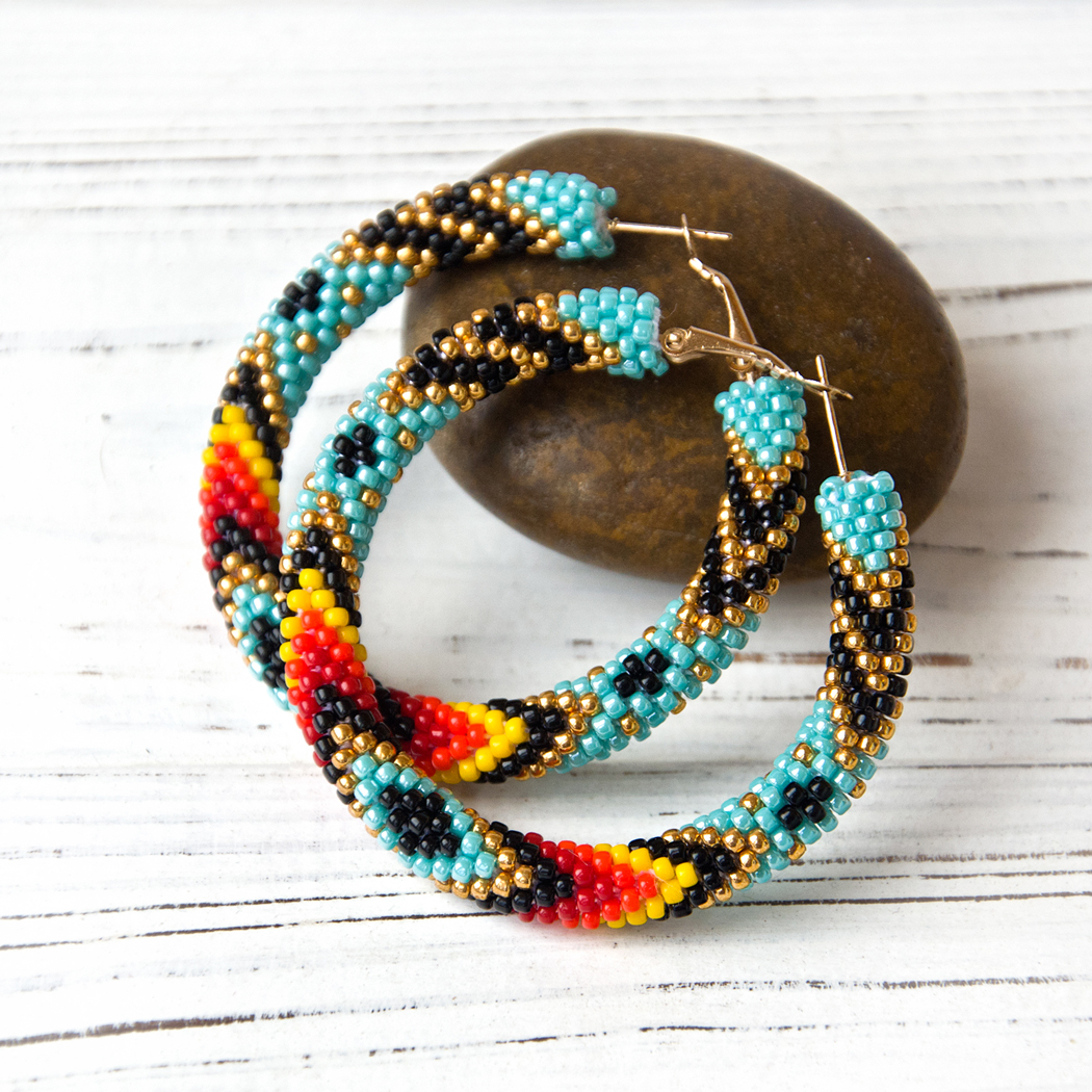 Turquoise hoop earrings 2.2", Native america seed bead jewelry, Ethnic earrings for women, Large hoop earrings