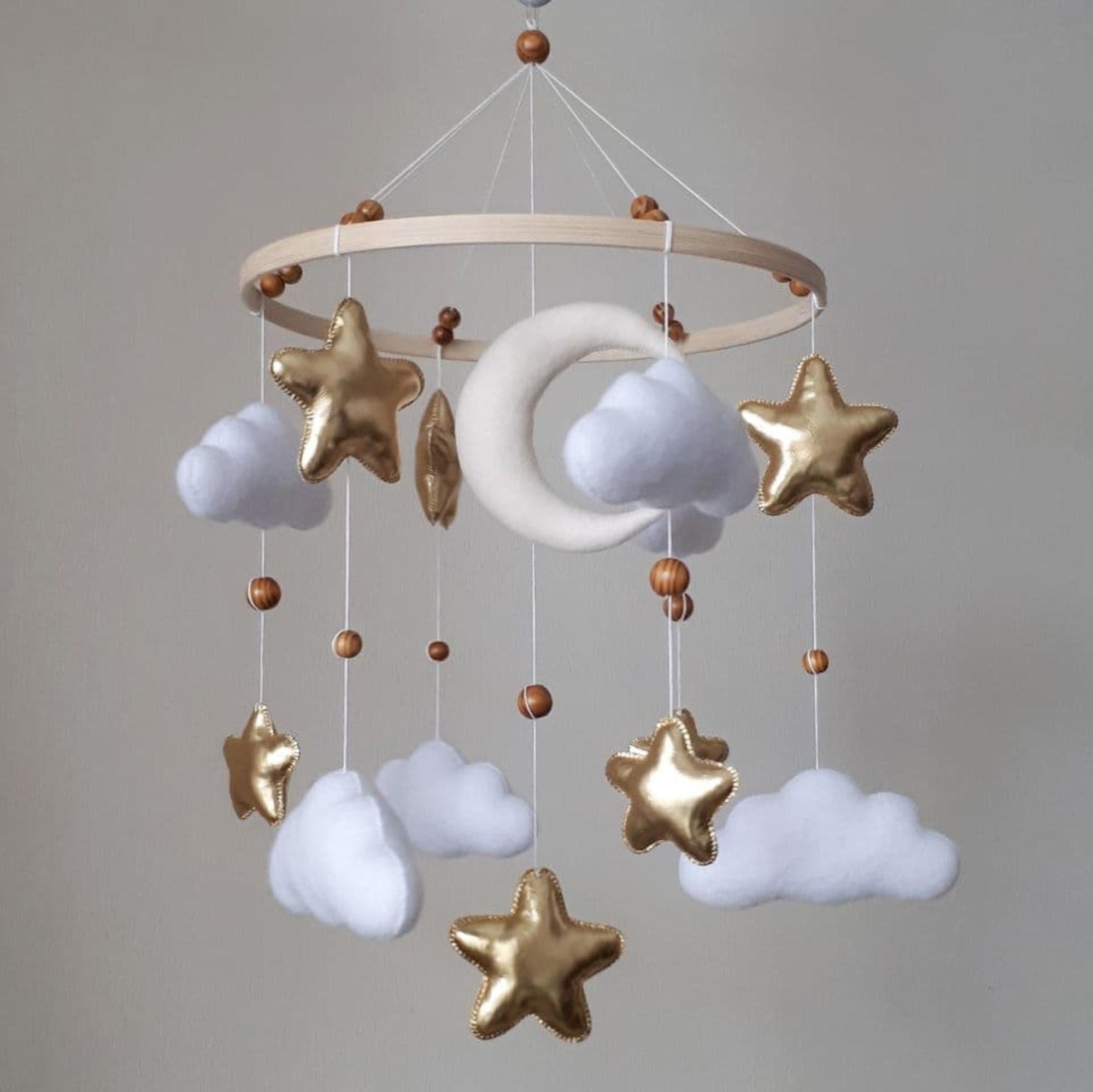 Cloud & stars baby mobile gender neutral, crib mobile nursery decor, baby shower gift, pregnancy gift, new baby gift - unpainted wooden base