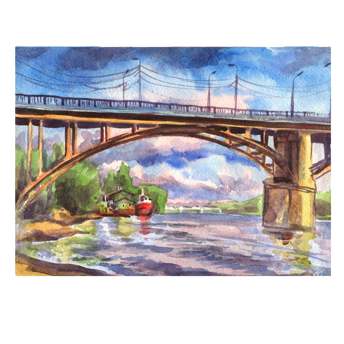 Landscape ORIGINAL WATERCOLOR PAINTING bridge ship Picture on the wall