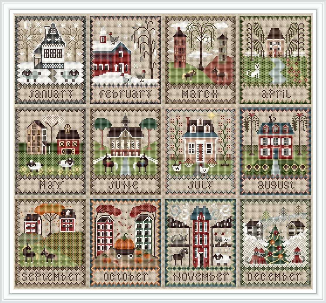 Cross Stitch Months of the Year Village Outline PDF, Primiti Inspire