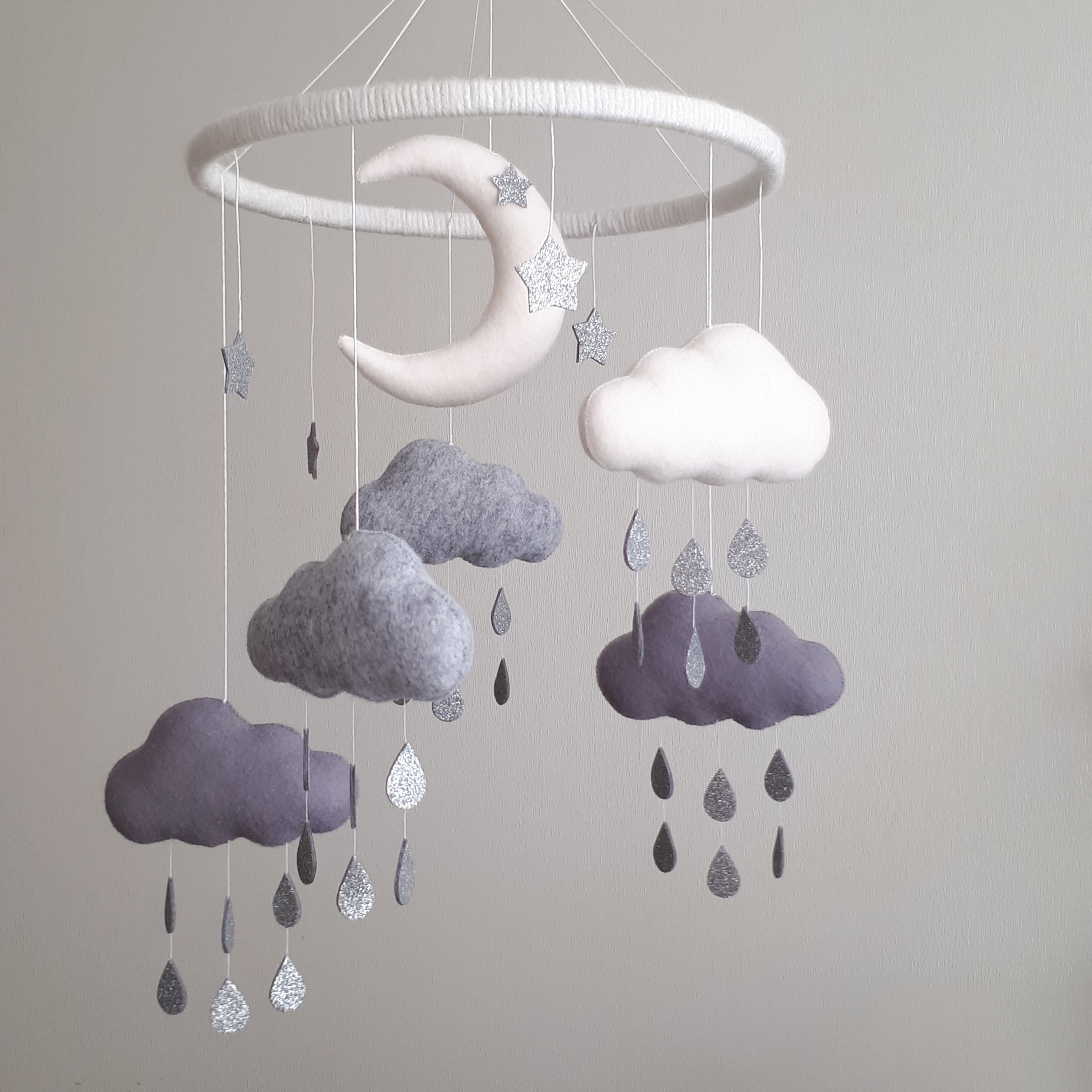 Cloud baby nursery mobile neutral, crib mobile, pregnancy gift, baby shower gift, clouds nursery decor - Gray