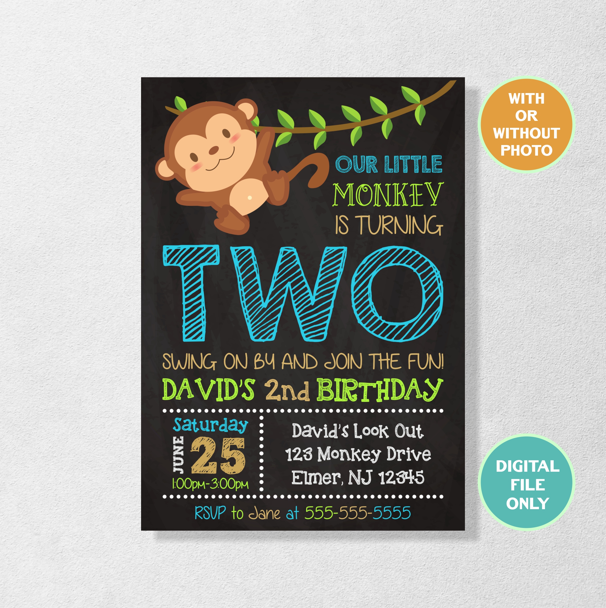 Monkey Invitation, Monkey Birthday Invitation, Monkey 2nd Birthday, Monkey First Birthday, Little Monkey Party, Jungle Birthday, With Photo, Digital, Personalized - 4*6 Inches (Digital Only)