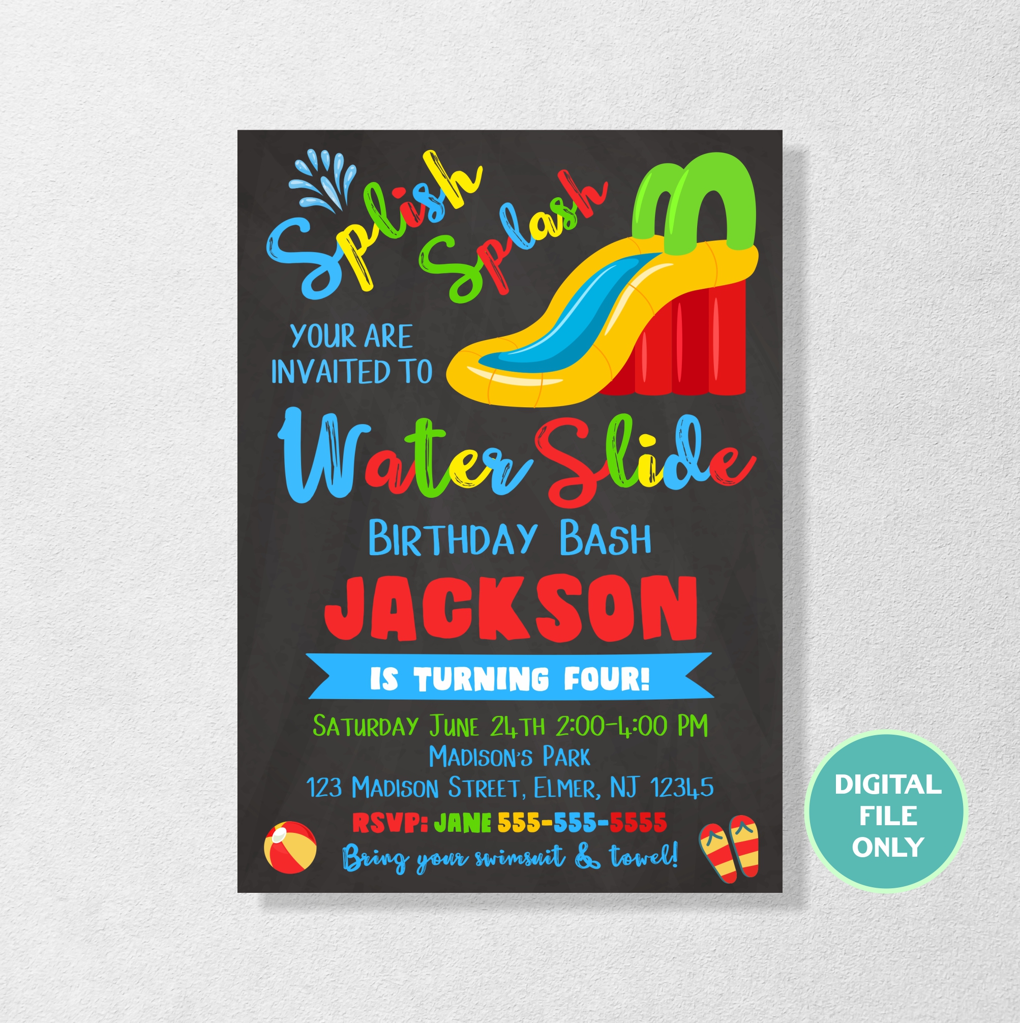 Waterslide Invitation, Waterslide Birthday Invitation, Waterslide Invite, Waterslide Party Invite, Water slide, Waterslide Birthday Invite, Water slide Birthday Invitation, Digital, Personalized - 5*7 Inches (Digital Only)/White