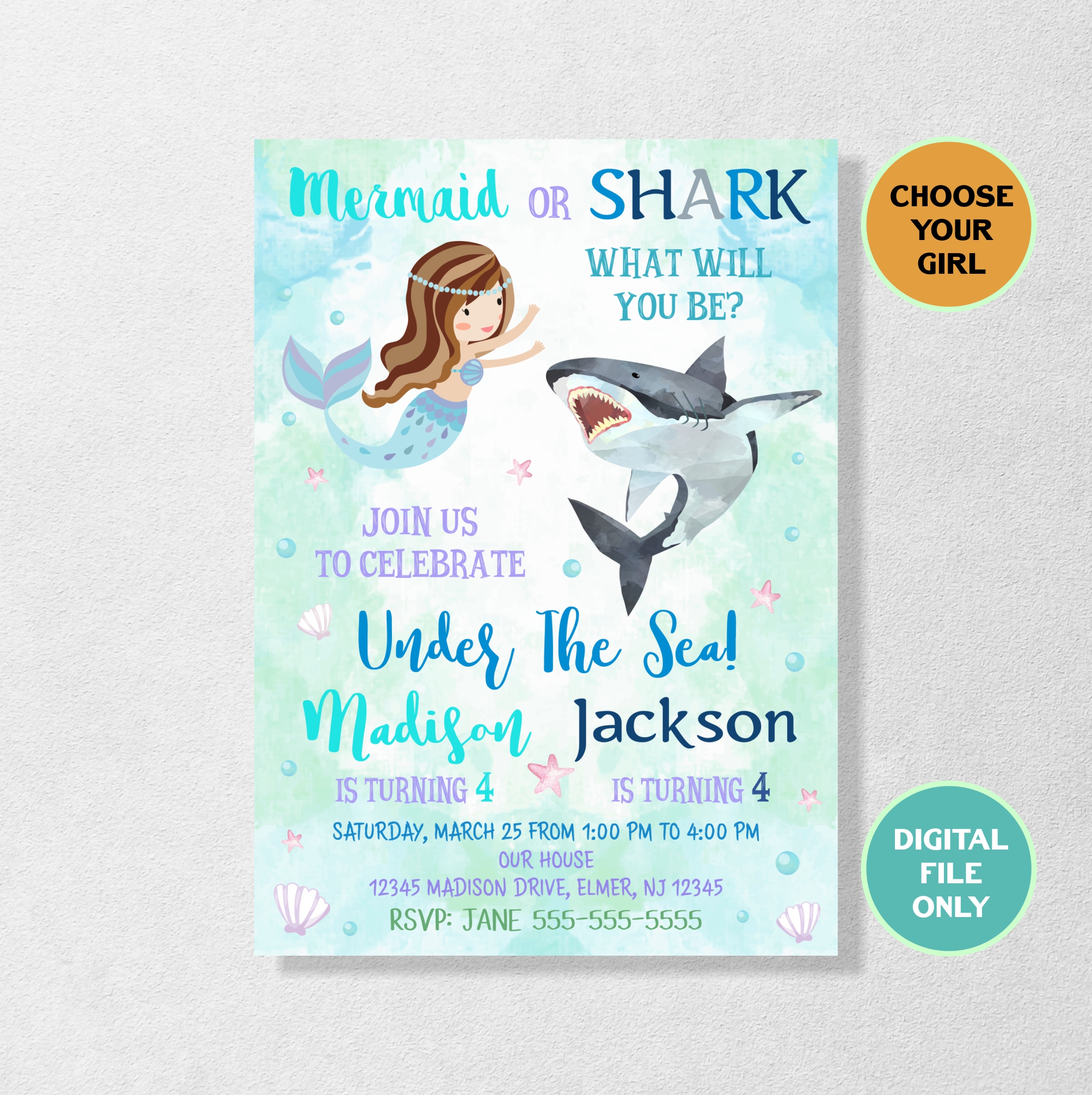 Shark & Mermaid Joint Invitation, Shark and Mermaid Birthday Invitation for Siblings or Twins, Boy Girl Joint Birthday Invitation, Split Party, Double, Combined, Printable, Personalized - 5*7 Inches (Digital Only)