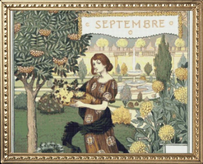 PDF Counted Vintage Cross Stitch Pattern | Garden Calendar for September | Female Gardener | 1800s | 4 Sizes - 295w x 382h stitches/14 Count