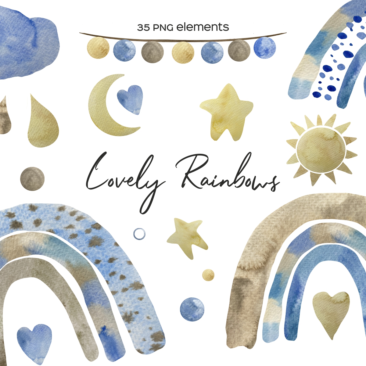 Watercolor boho rainbow clipart with blue and biege elements | Inspire ...
