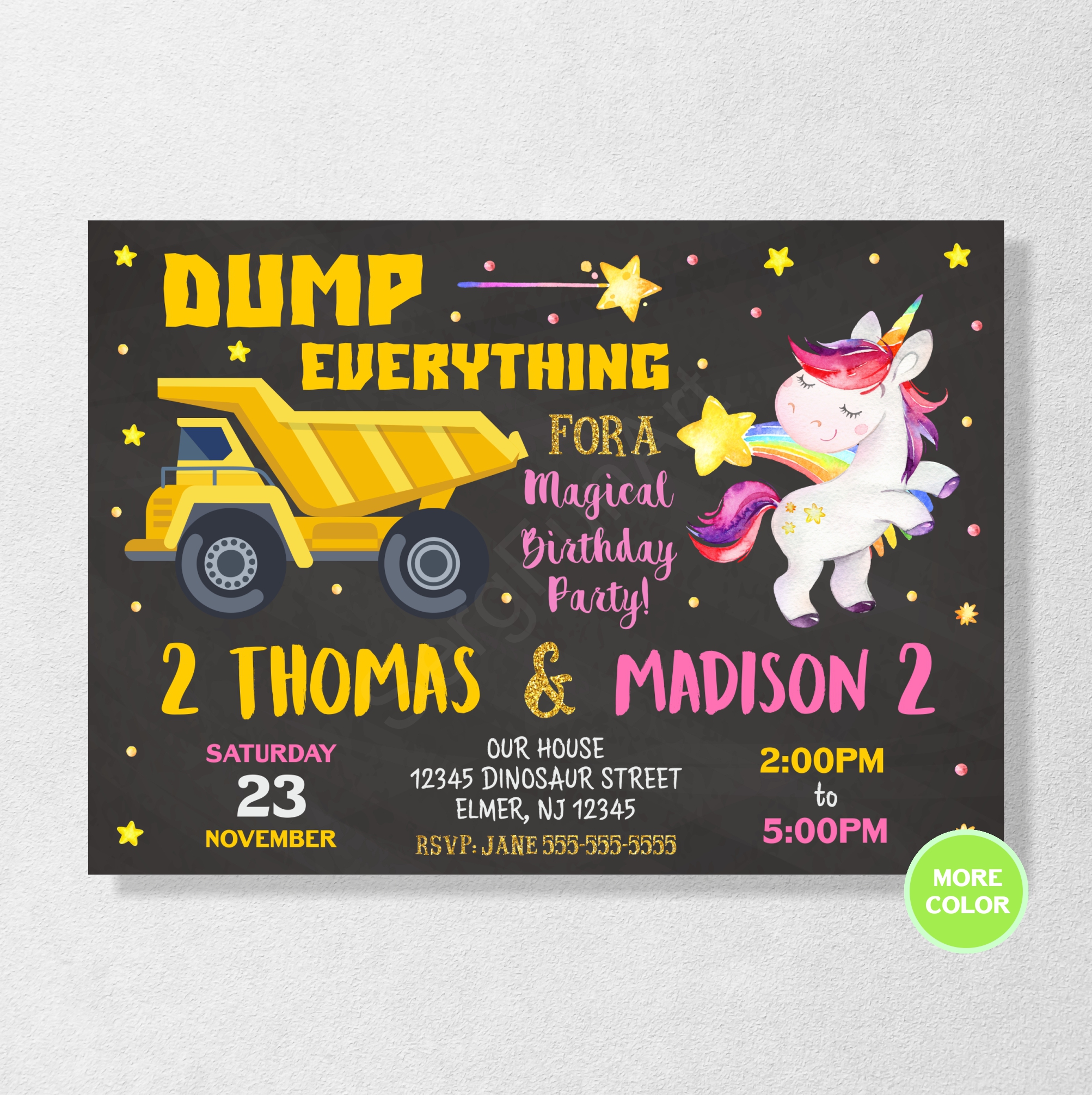 Construction & Unicorn Invitation, Joint Birthday Invitation, Split Party, Combined, Siblings, Twins, Boy and Girl - 5*7 Inches (Digital Only)/Black