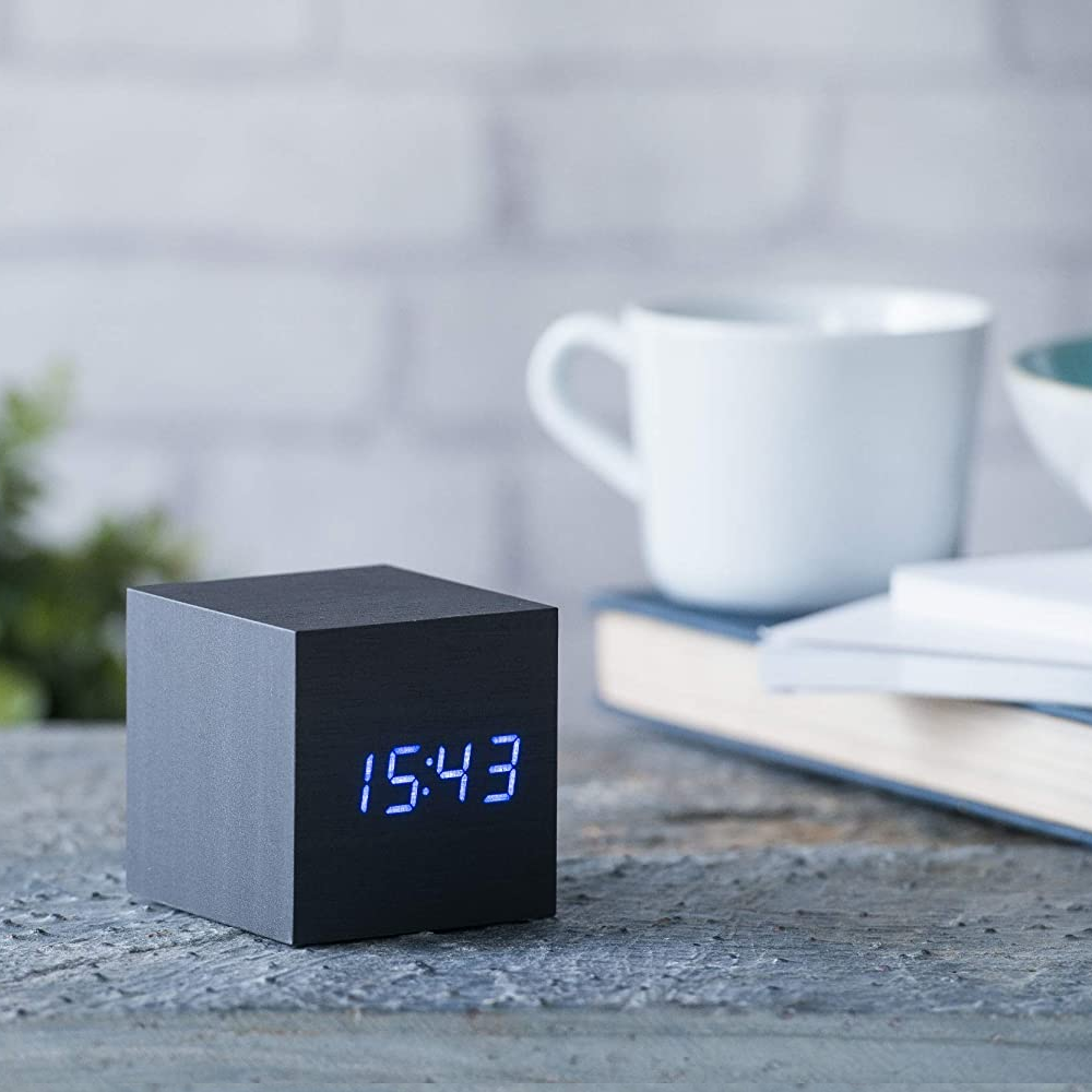 Modern Wooden Bedside Clock Digital - Black-Blue Light