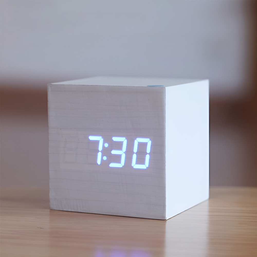 Modern Wooden Bedside Clock Digital - White-Blue Light