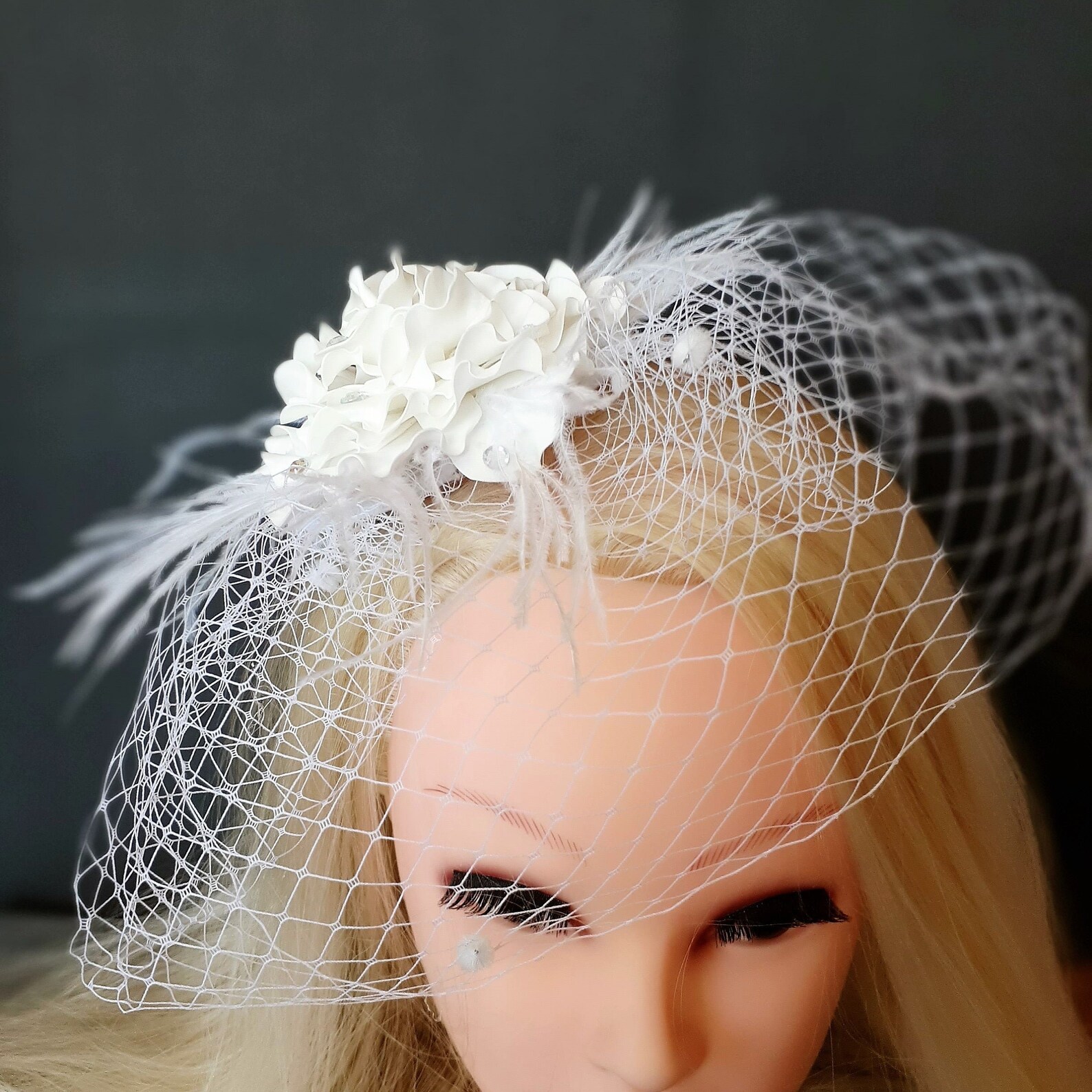 White Bridal Birdcage, Wedding Veil with flower and feathers Inspire
