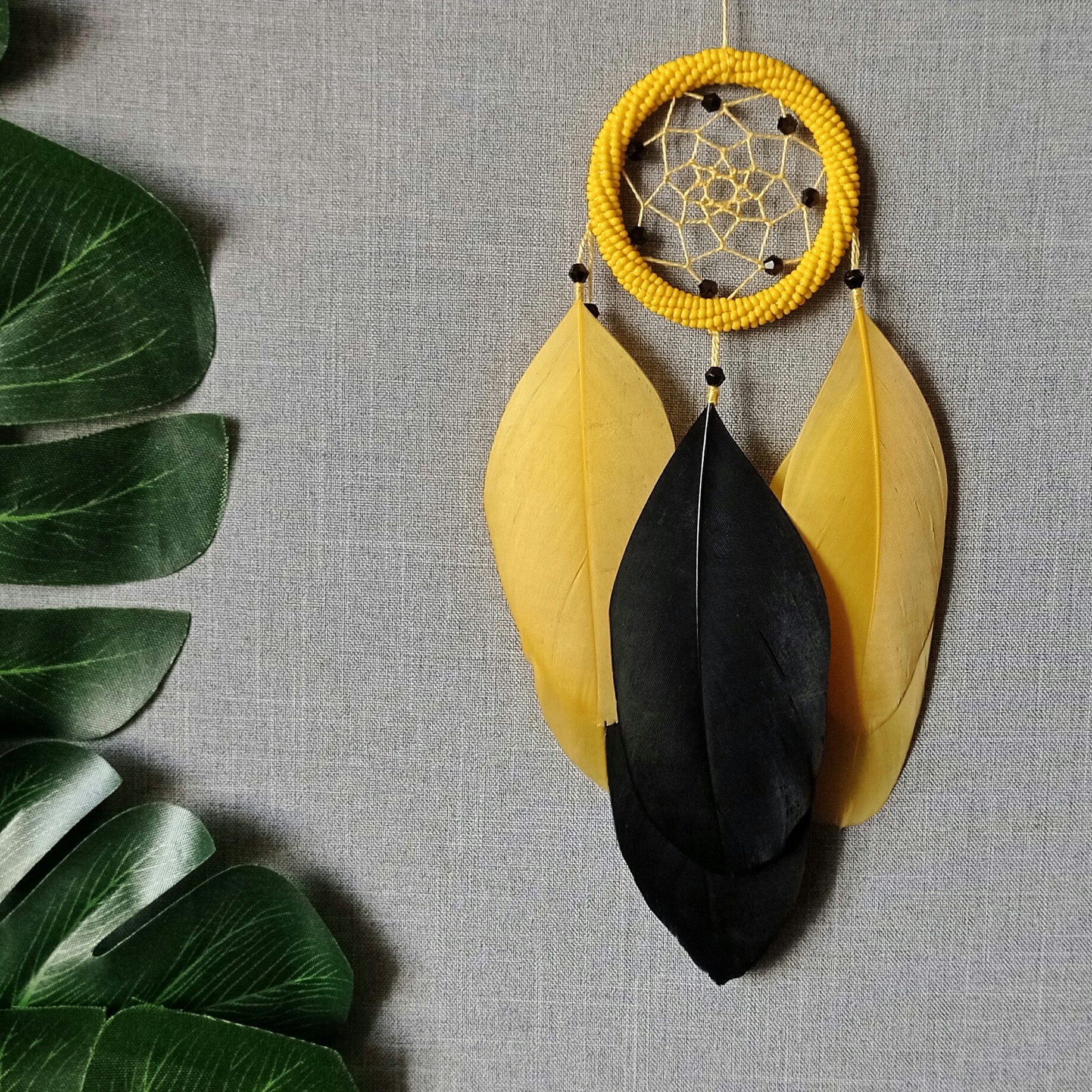 Dream catcher. Yellow beaded dream catcher. Car accessories. Car hanging. Small dream catcher for car