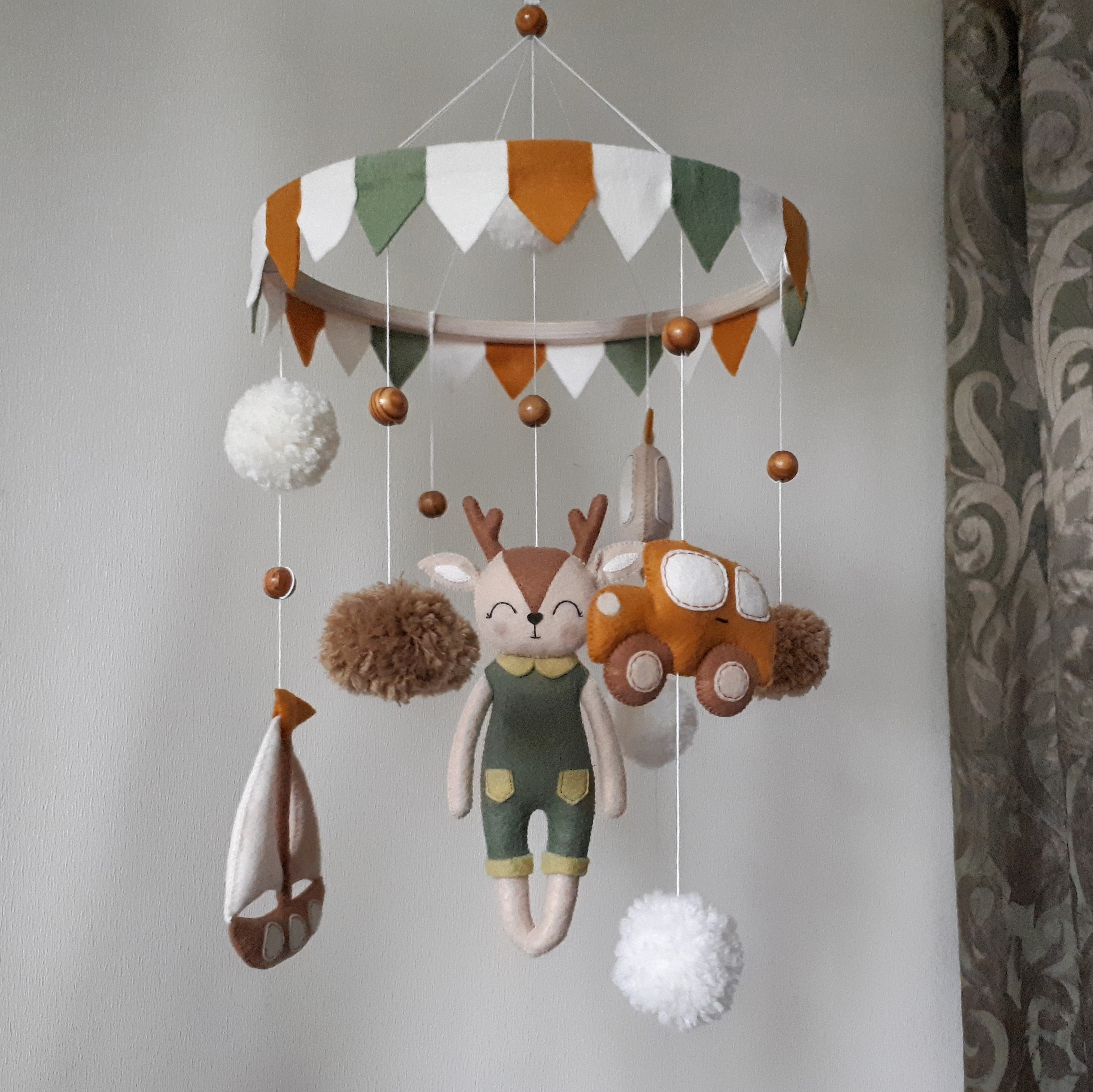 Musical baby mobile boho nursery decor, deer crib mobile - Inspire Uplift