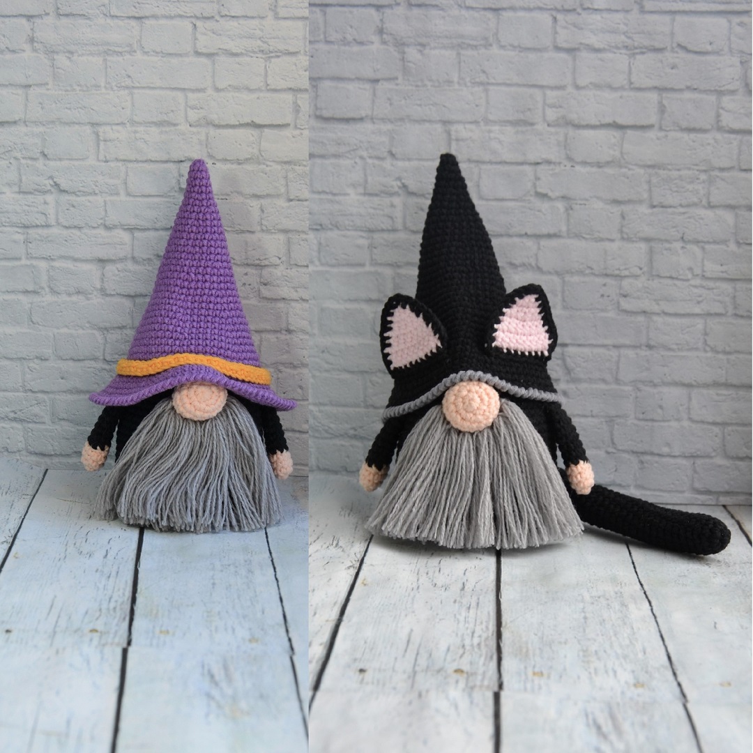 Halloween gnome crochet pattern Witch gnome Black cat gnome
