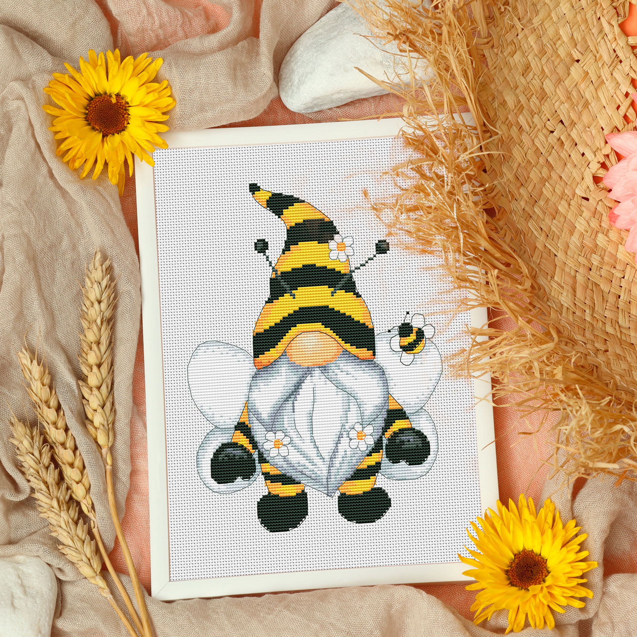 Bee, Cross stitch pattern, Summer gnome, Summer cross stitch, Counted cross stitch