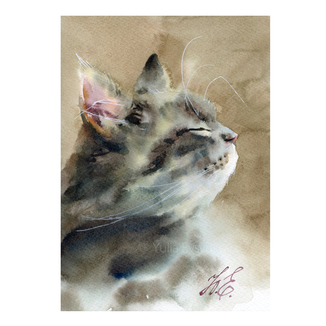 Fat cat Original watercolor painting Small art by Yulia Evsy - Inspire ...