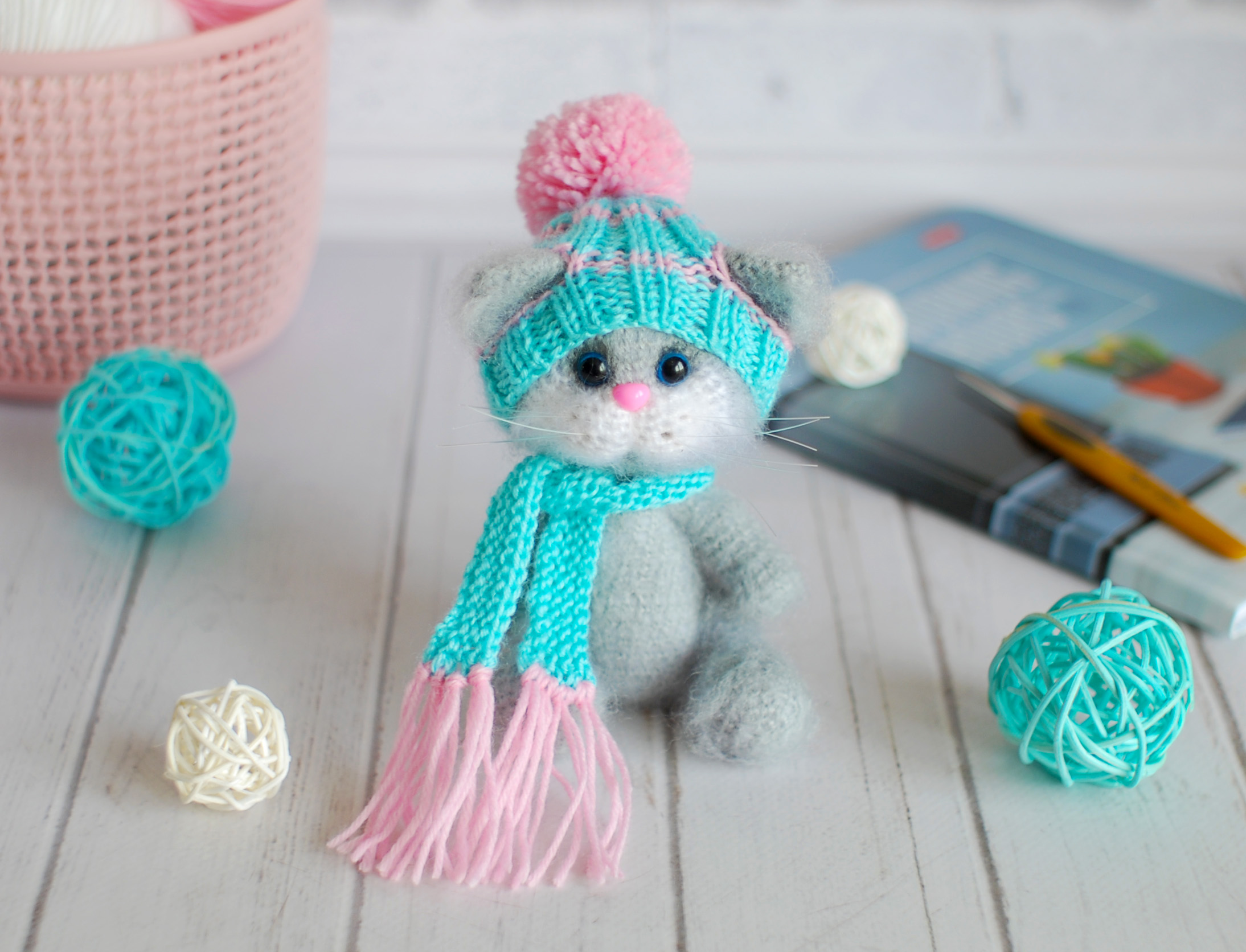Handmade crochet toy cat. Cute stuffed gray cat. Inspire Uplift