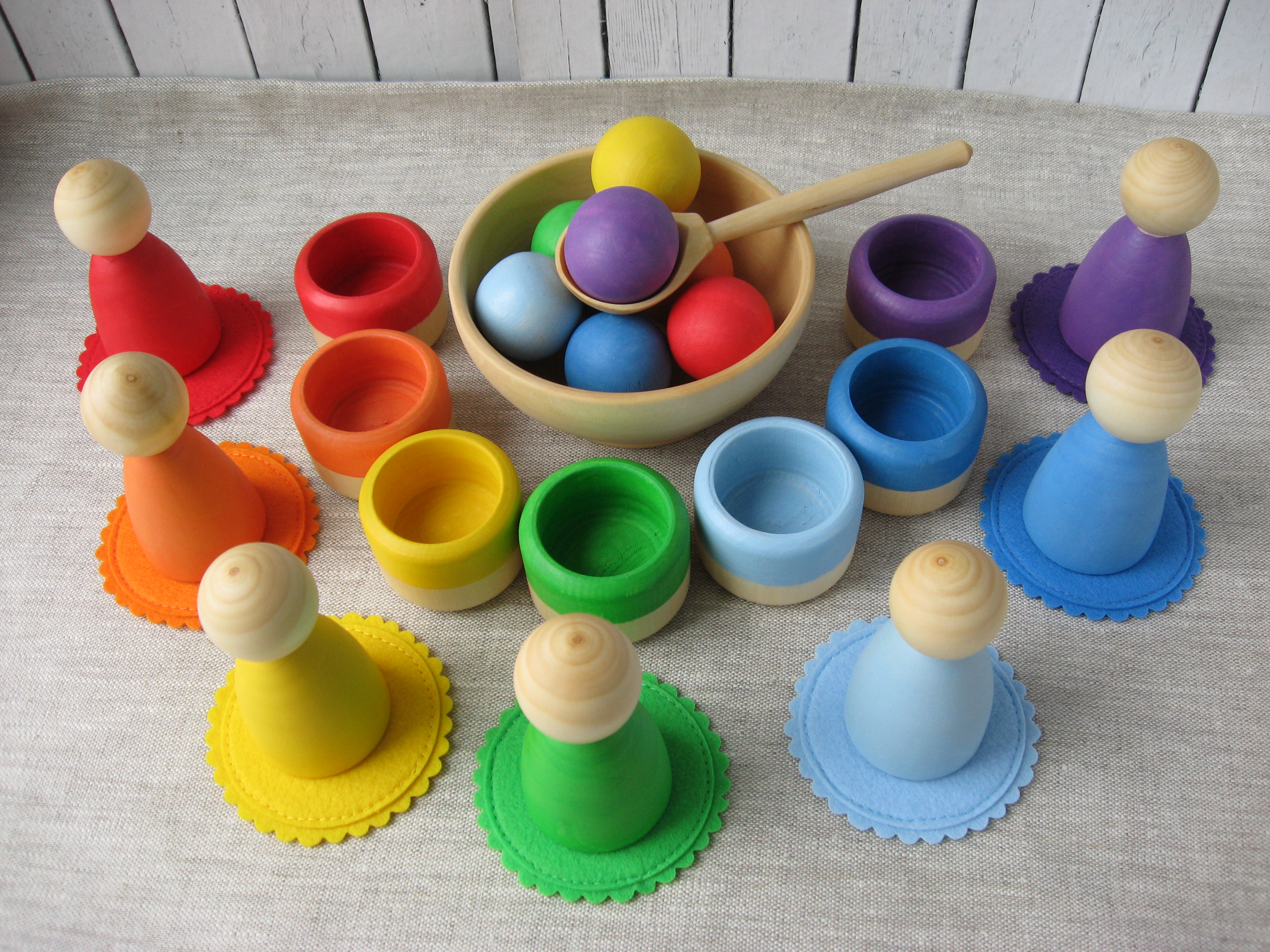 Rainbow Large Wooden Peg dolls, wooden bowls and balls, todd - Inspire  Uplift
