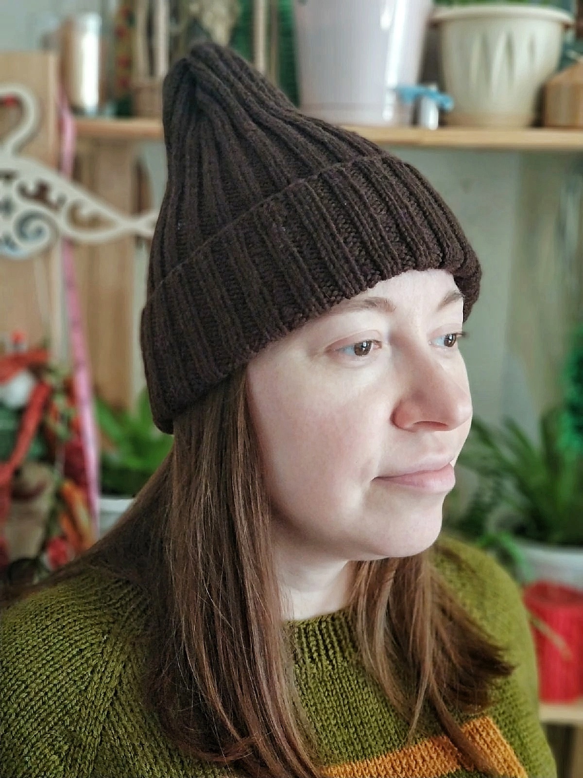 Handknitted brown wool warm women hat beanie
