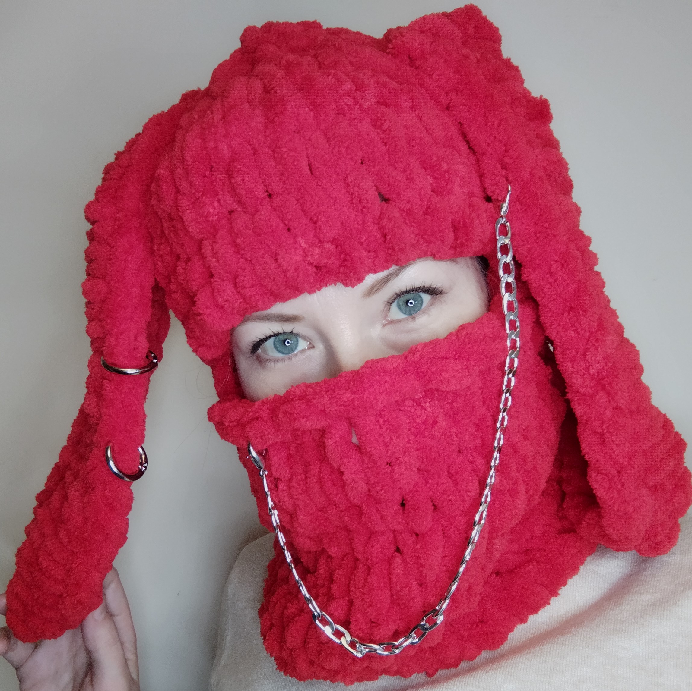 Red bunny balaclava crochet Fluffy balaclava with chain Inspire Uplift