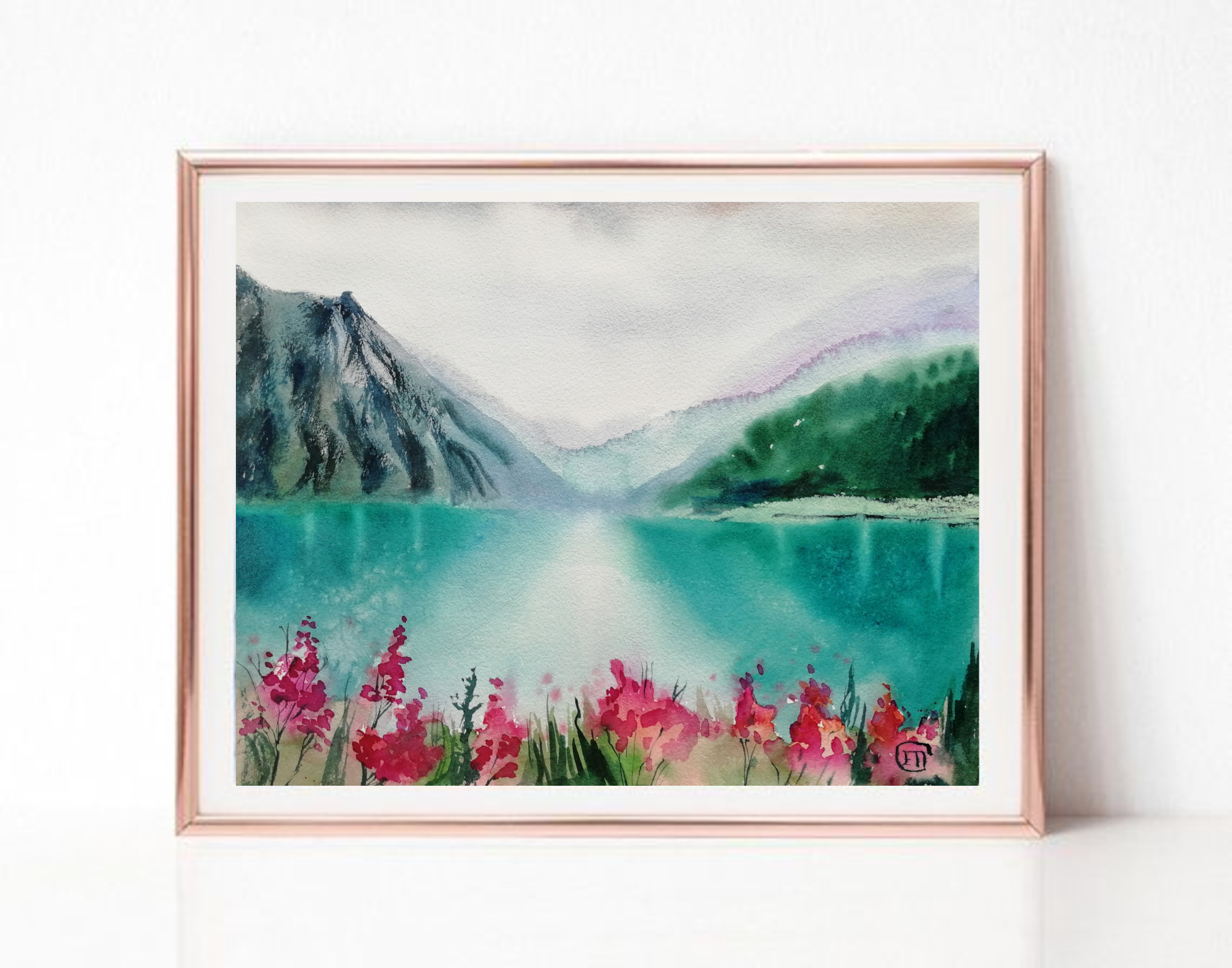 Green Landscape Watercolor Painting, Original Art, Mountain Inspire