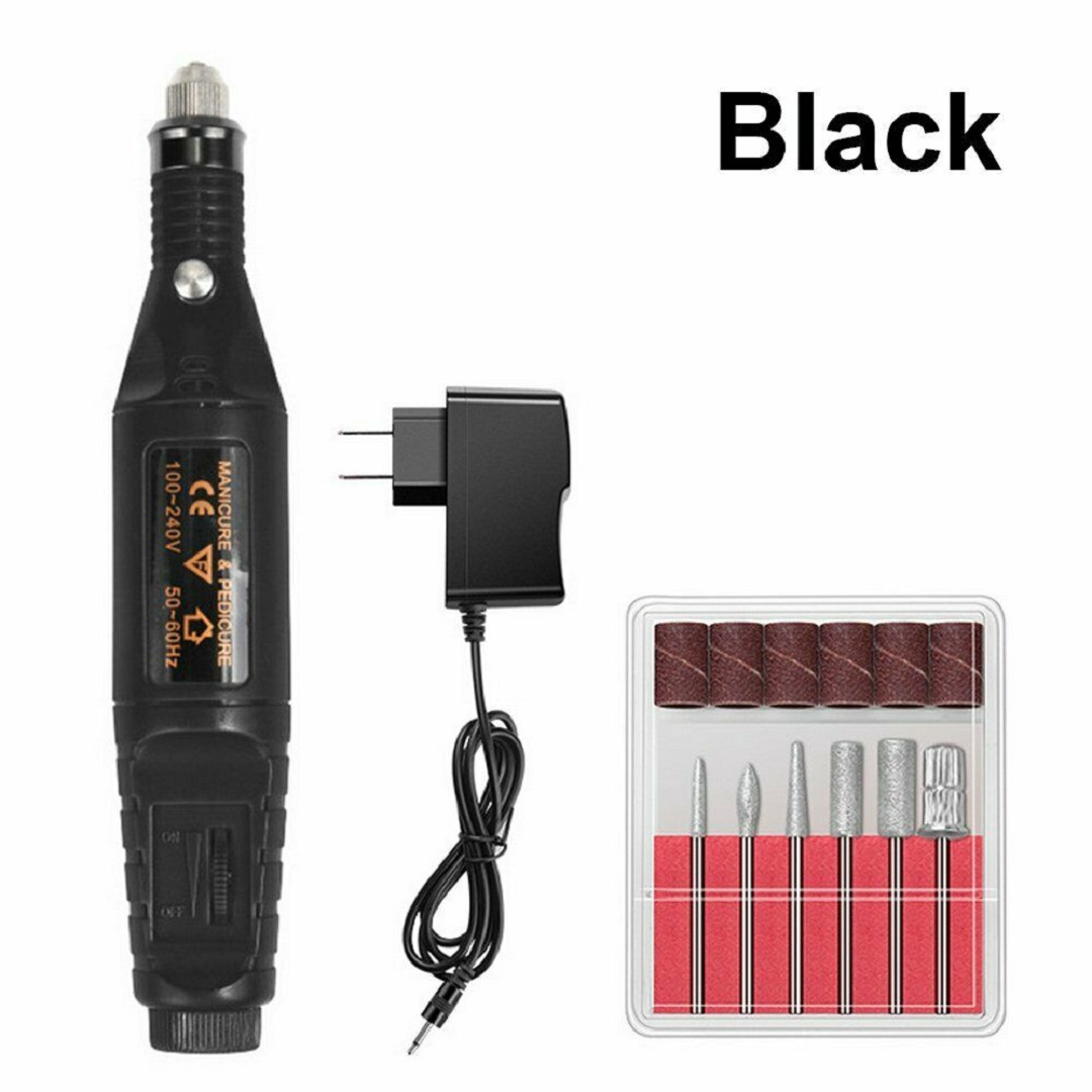 Electric Nail Drill File Portable Acrylic Nail Art Machine Kit Manicure Pedicure - Black