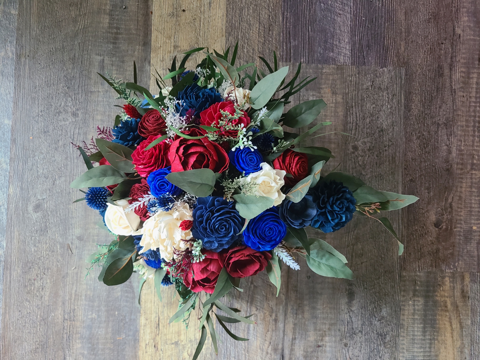 Sola Wood Flower Cascading Bouquet, Burgundy and Navy Blue B Inspire Uplift