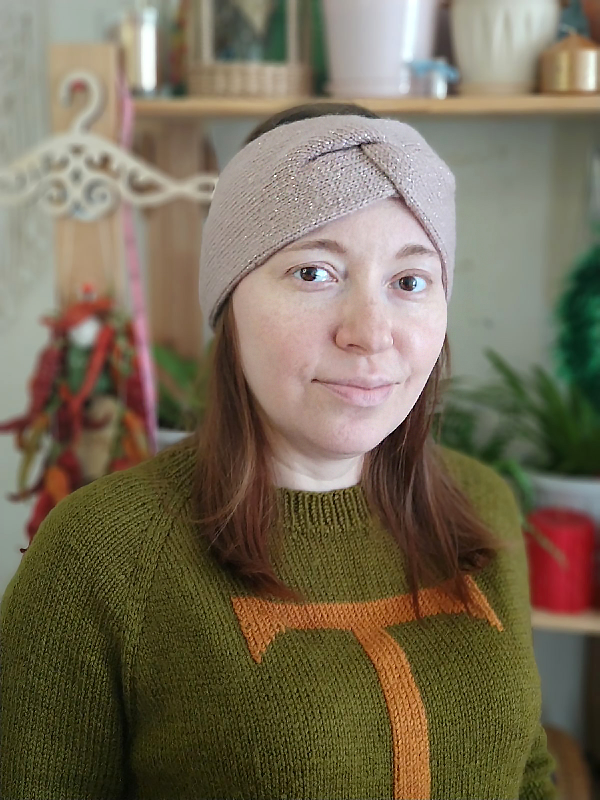 Women pink color moheir with lurex handknit earwarmer Moheir handknit headband Wool headband Valentine day gift
