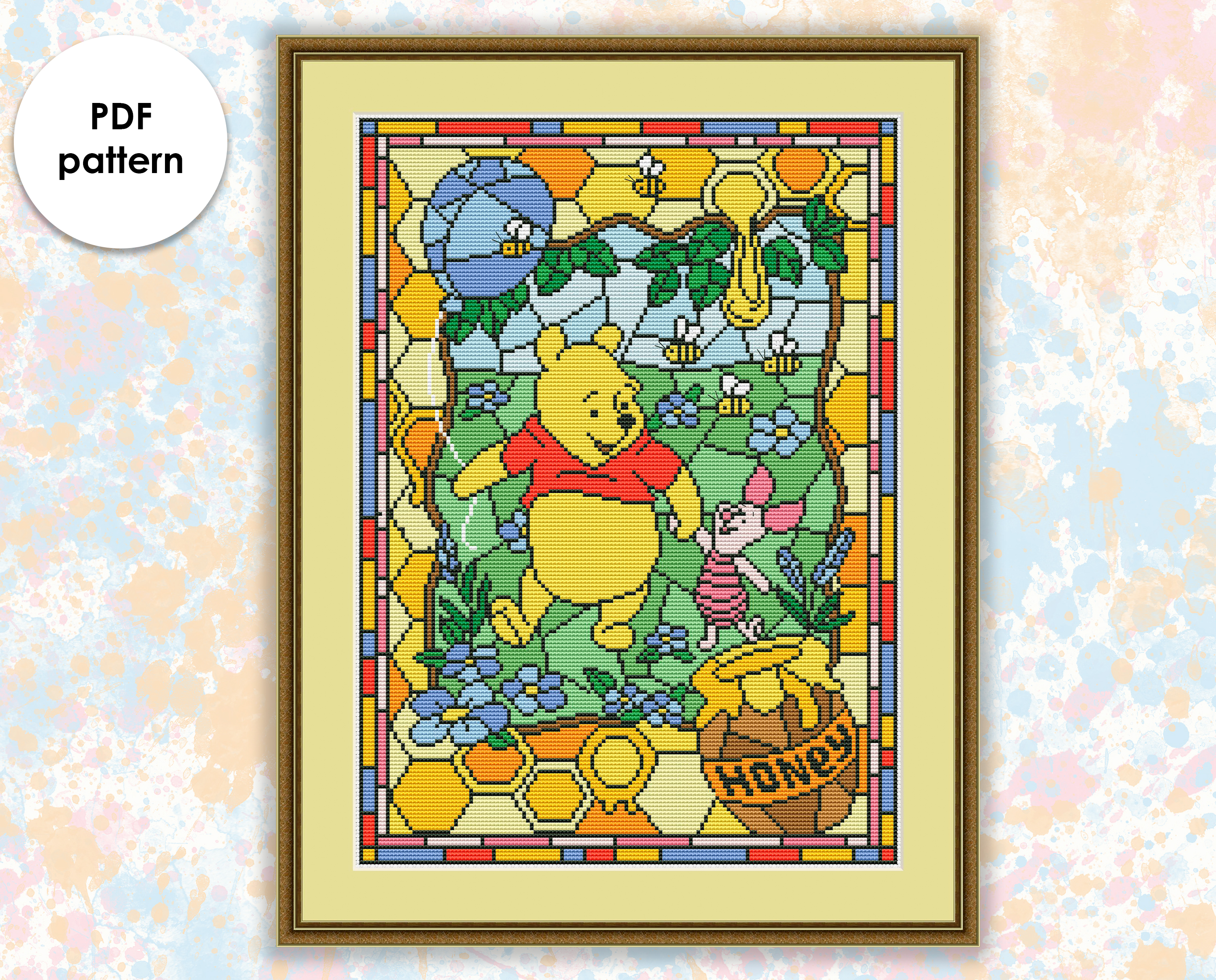 SG031 Winnie Pooh - cross stitch pattern in PDF. Stained glass collection. Xstitch chart in digital format