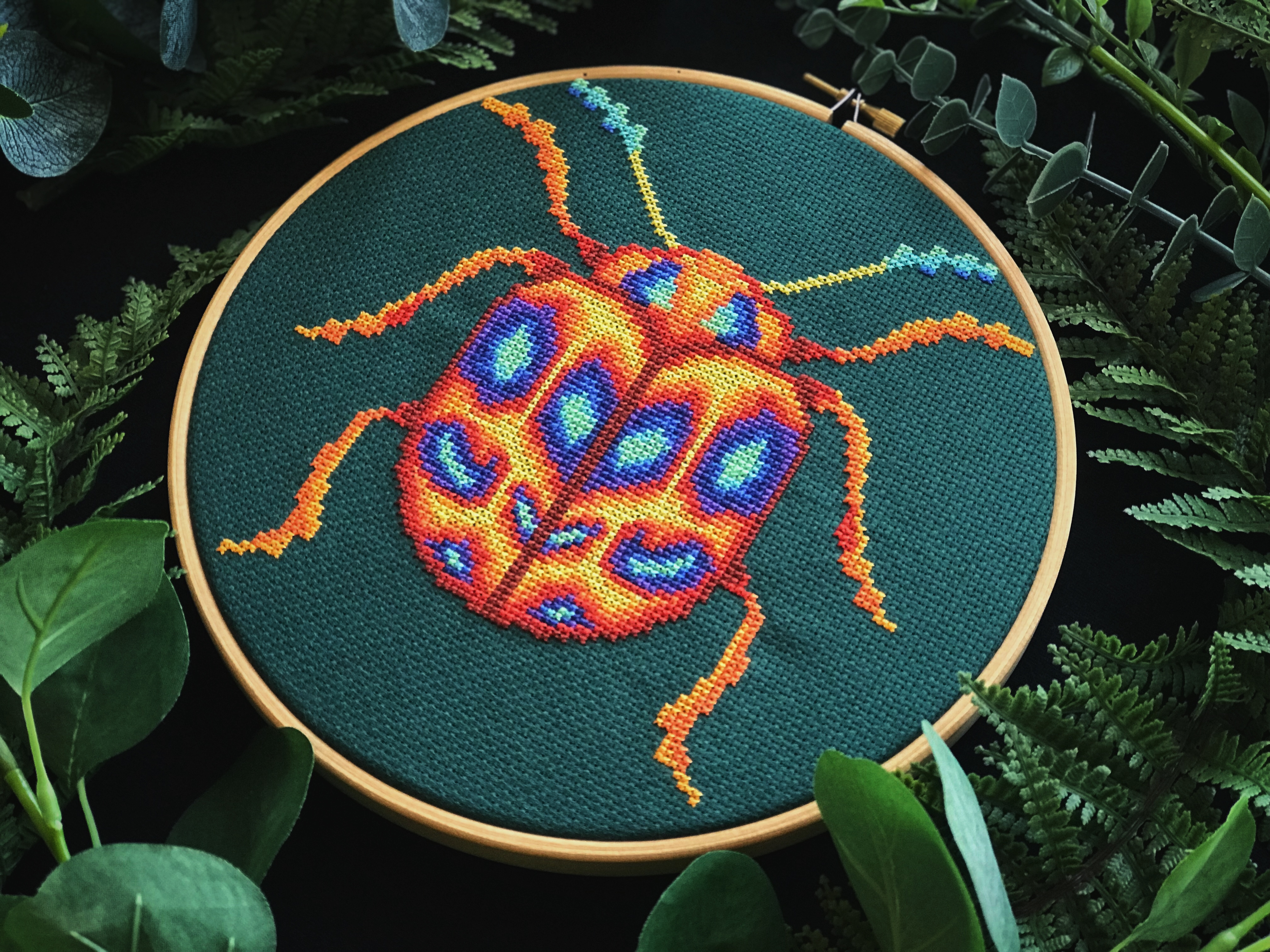 Neon Orange Beetle Cross Stitch Pattern PDF Colorful Abstract Bug Embroidery Chart Insects Cross Stitch Instant Download