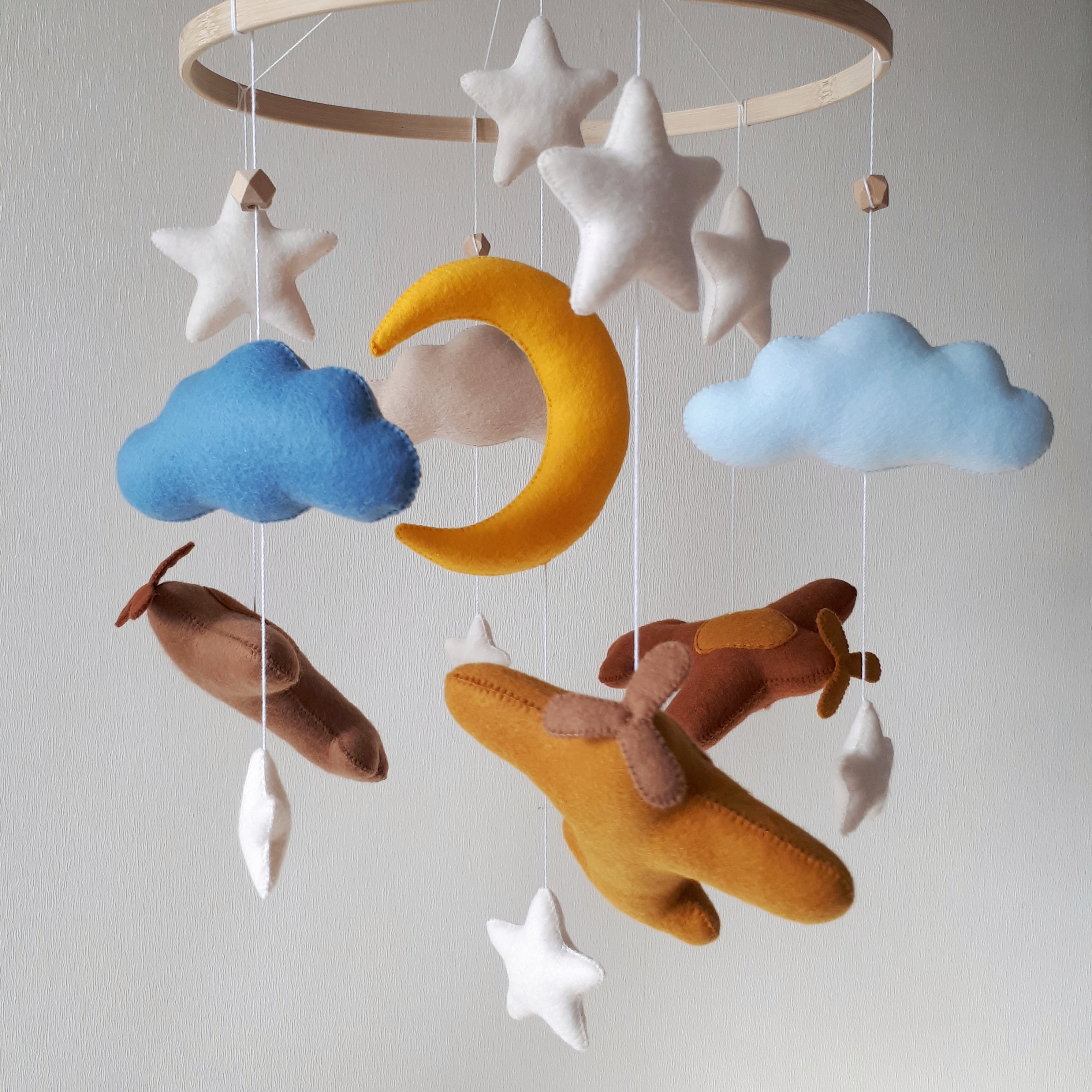 Baby mobile boy, airplane crib mobile, expecting mom gift, travel nursery decor, new parents gift, pregnancy gift - white wooden base