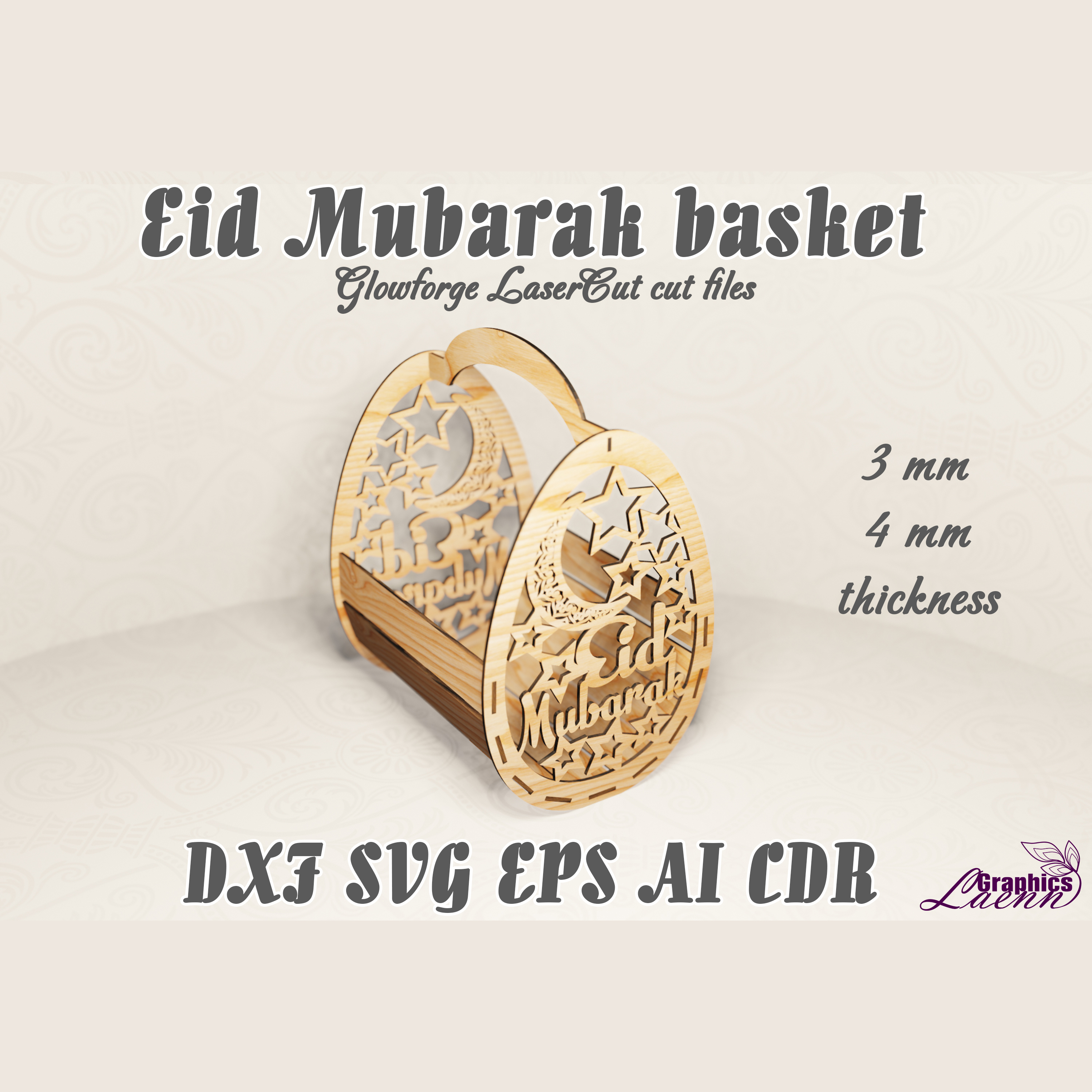 Eid Mubarak basket files for laser cut, 3,4 mm, cnc, glowfor Inspire Uplift