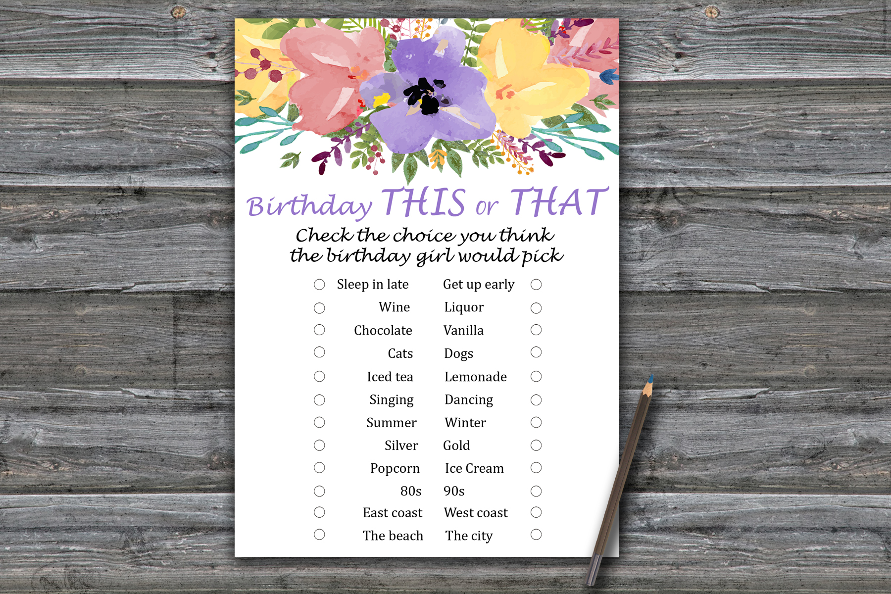 Watercolor flowers This or that birthday game,Adult Birthday Inspire