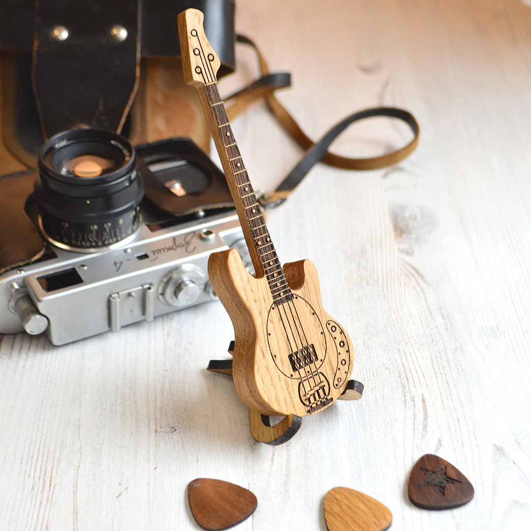 Bass Guitar Personalized Pick Box with Stand, Wooden Guitar Inspire