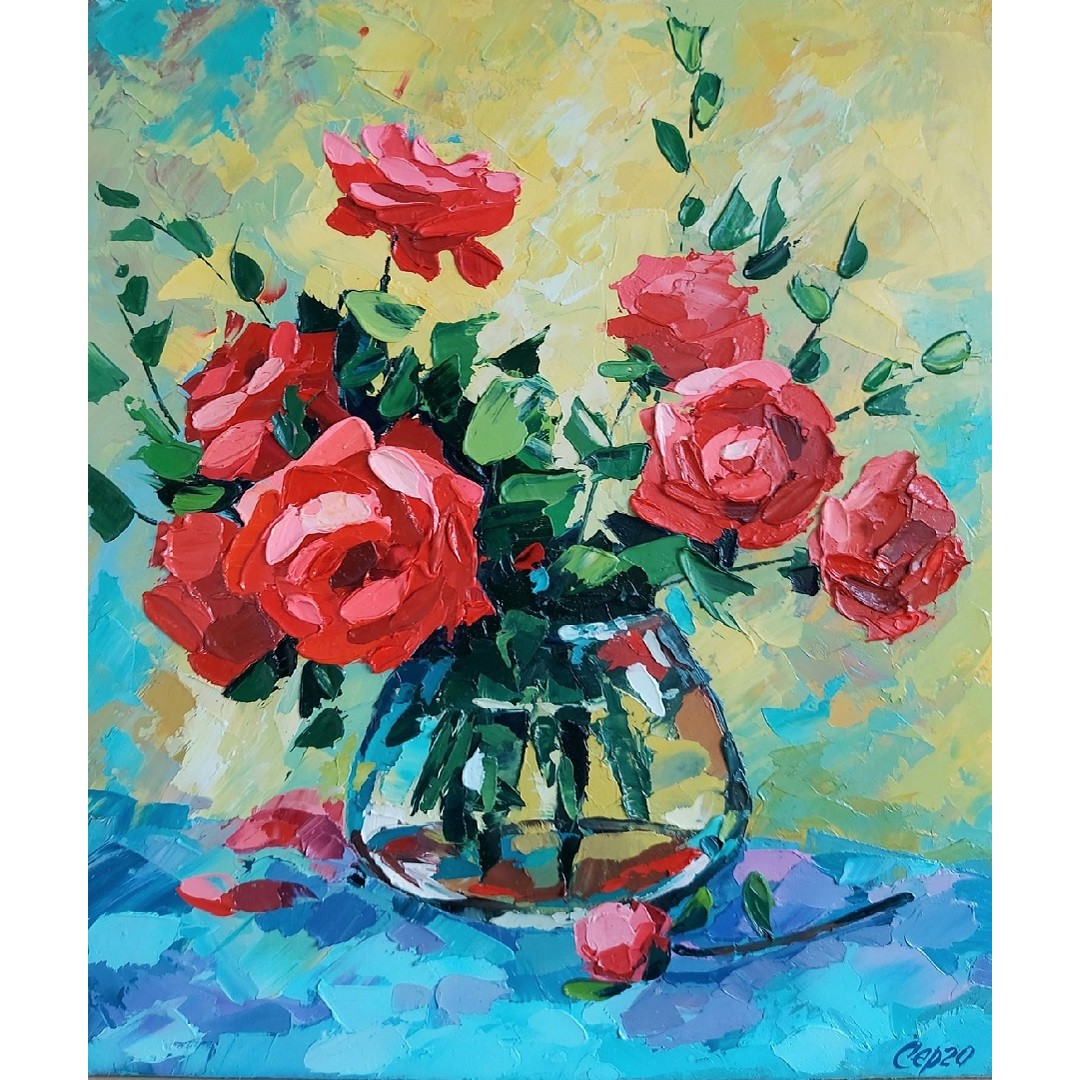 Red Roses Oil Painting Original Art Flowers Canvas | Inspire Uplift