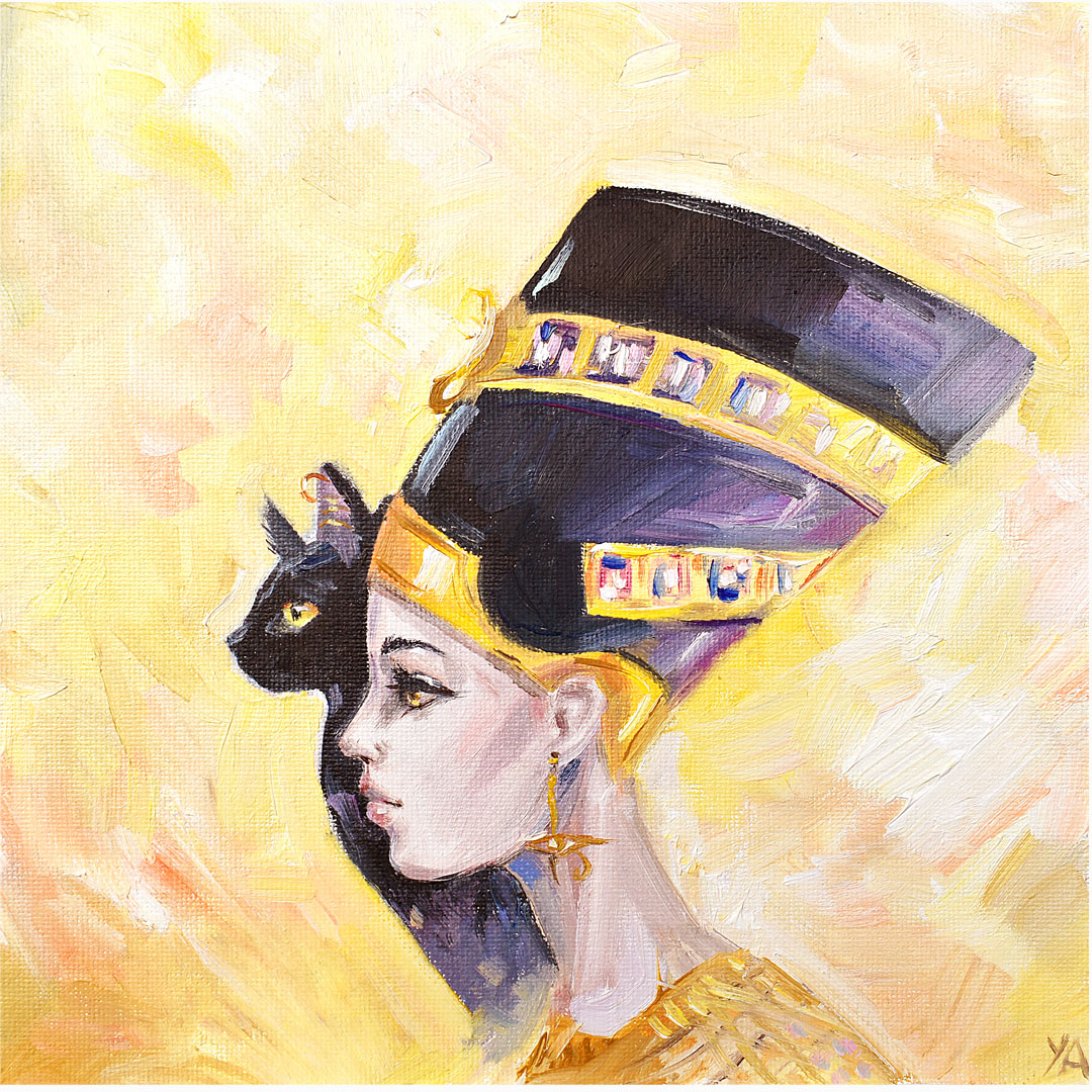 Nefertiti Oil Painting Bastet Original Art Egyptian Cat Oil Inspire