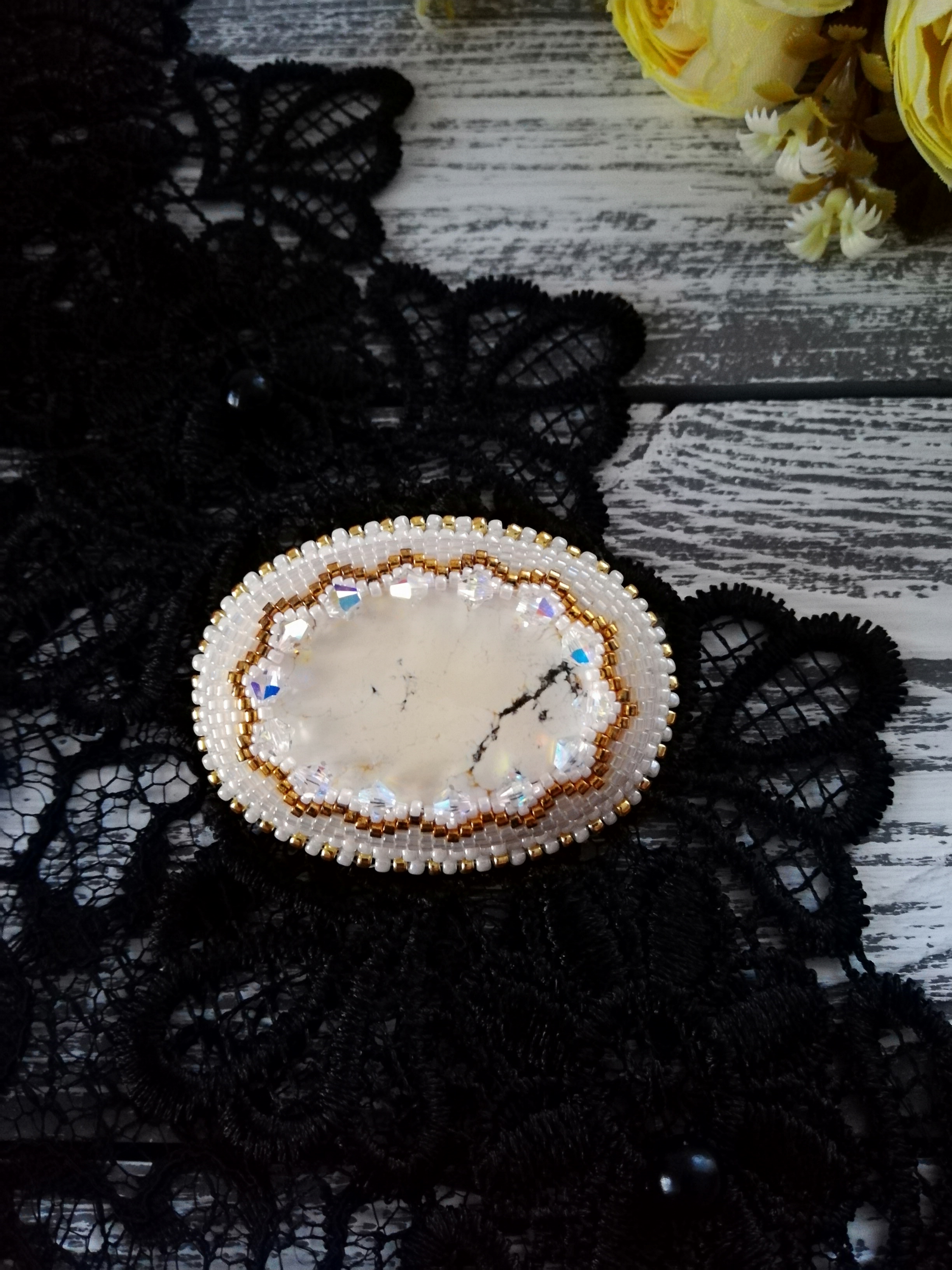 Bead Brooch with Cabochon , White gold beaded brooch, Retro Inspire