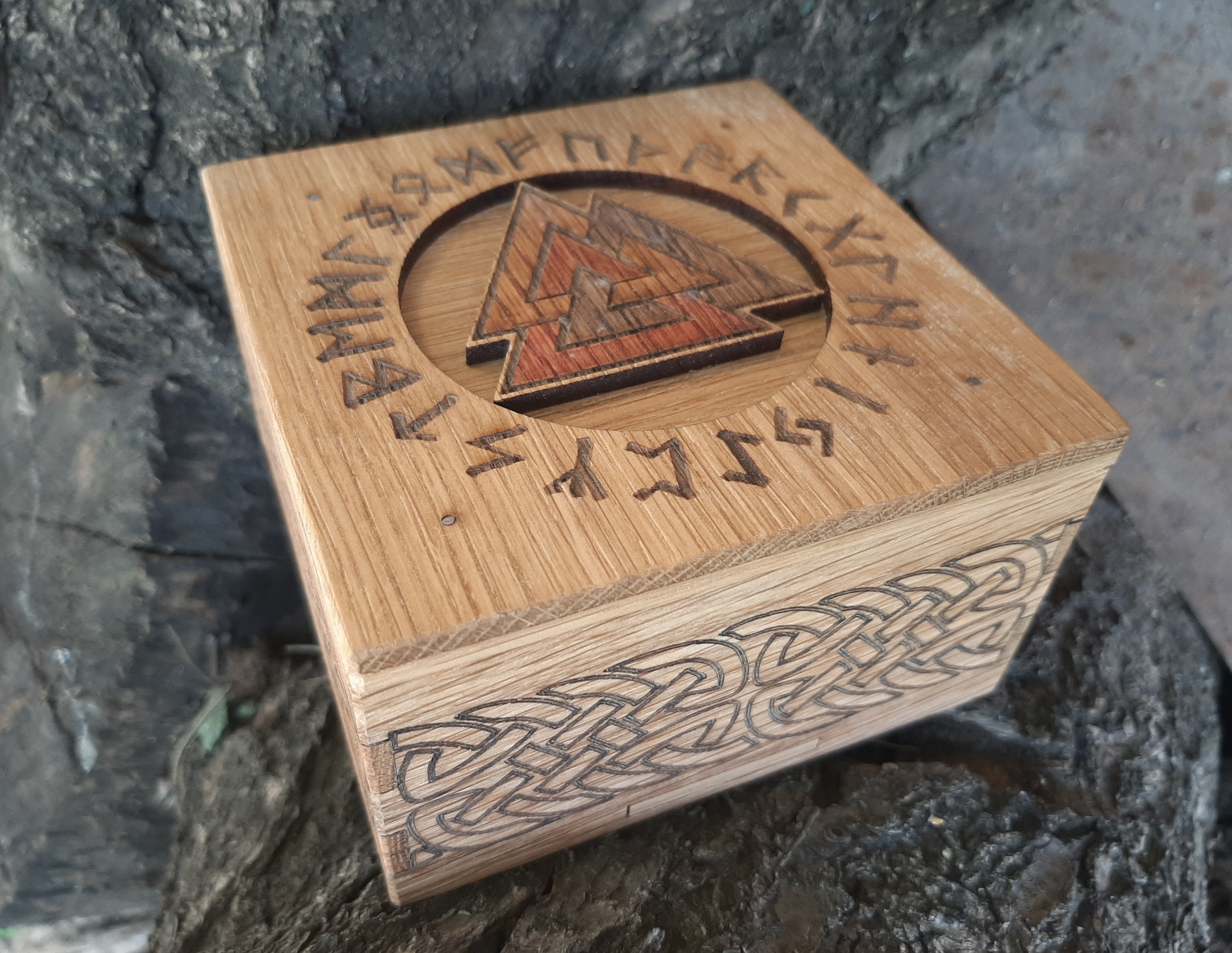 Hidden lock box with Valknut and runes. Viking wooden rune b Inspire