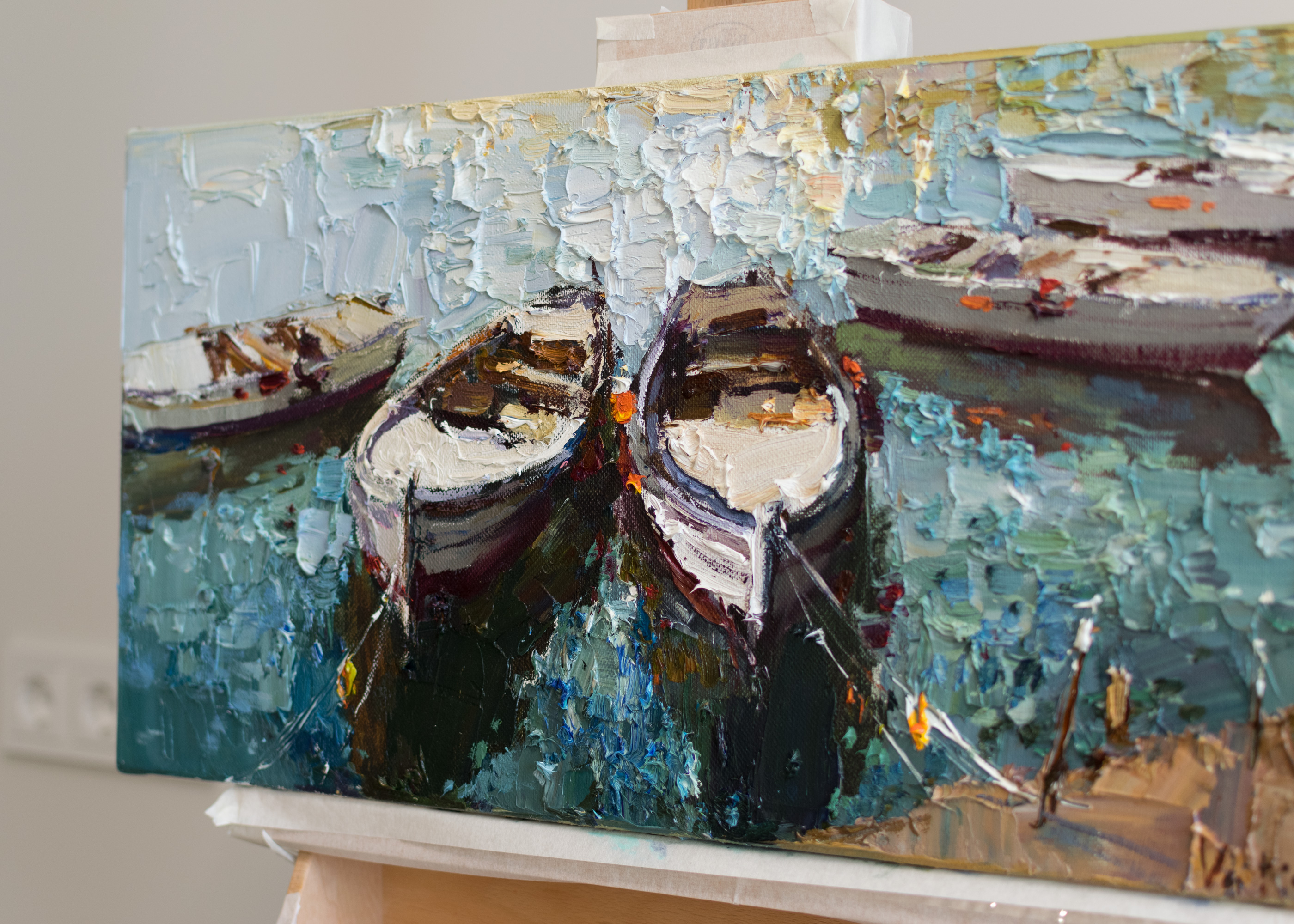 Boats Impasto Original oil painting Seascape painting Rowi Inspire