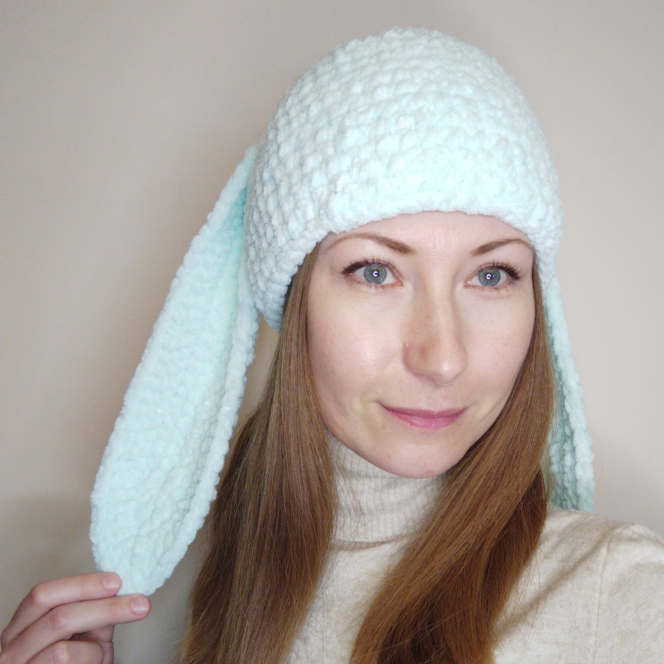 Plush bunny beanie hand knit. Bunny beanie crochet mint colo Inspire Uplift
